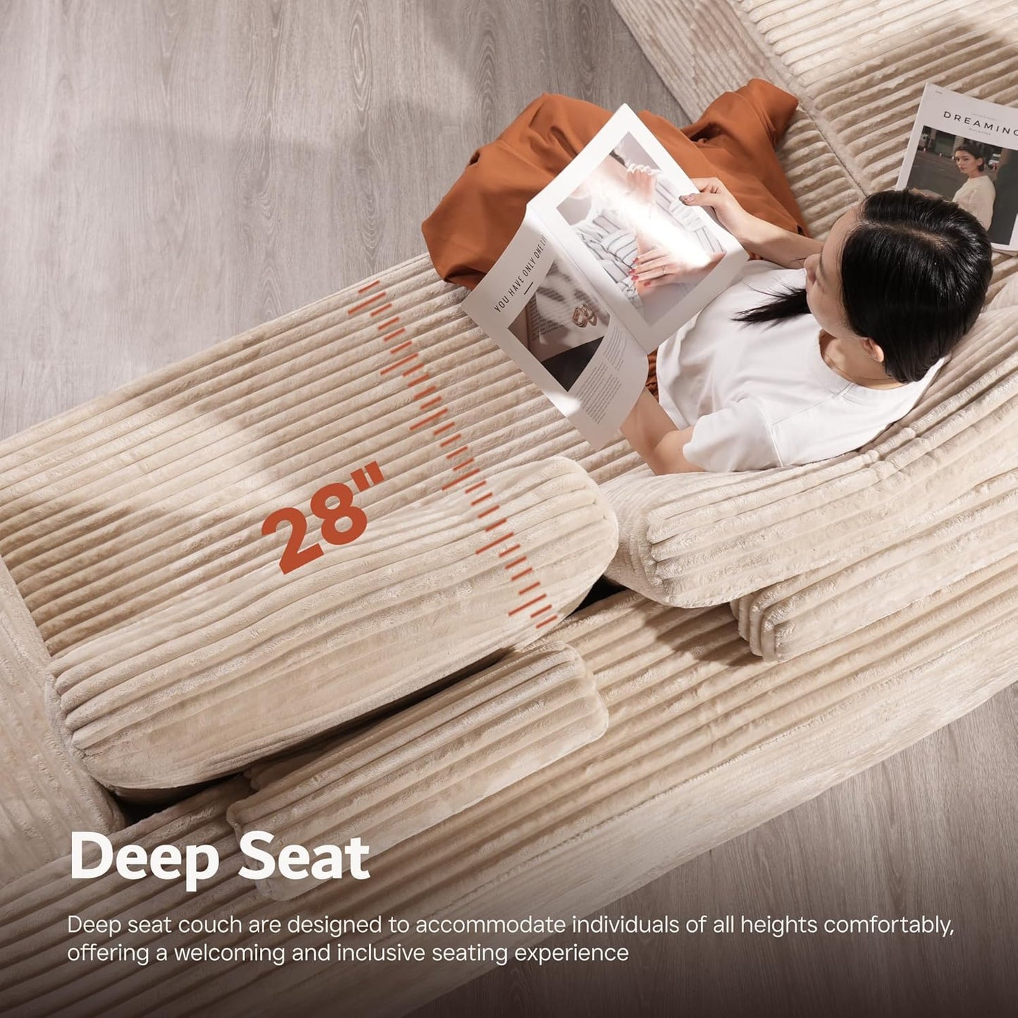 ovios Sectional Cloud Couch for Living Room, Modular Floor Sofa with Plush Corduroy, No Assembly Required, Big Comfy Couches Set with Fluffy Memory Foam, Stupendous U Shaped Sofas with Chaise, Grey