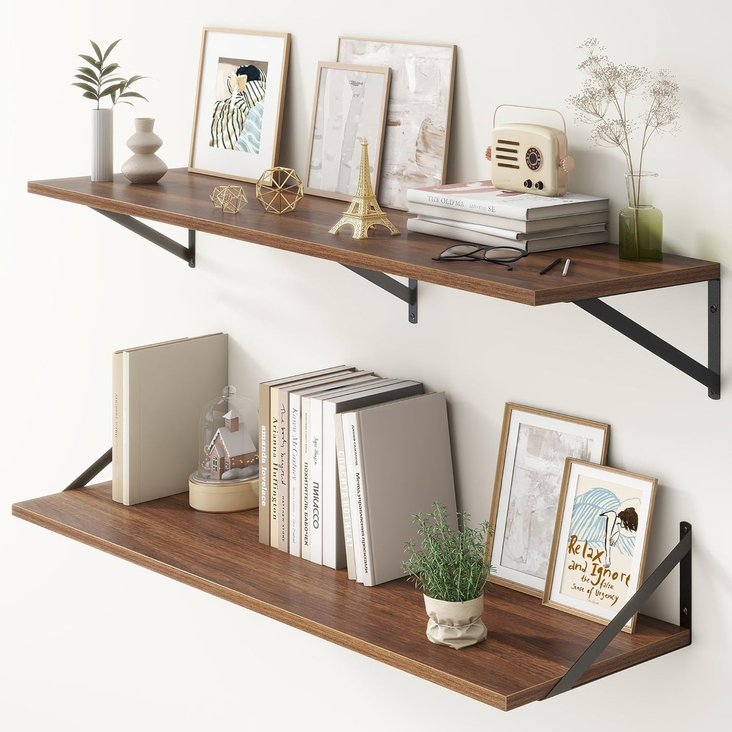 12 Inch Deep Floating Shelves,48W x 12D Floating Shelves, Deep Wall Shelves Bracket Set of 2, Large Display Floating Shelf for Bathroom, Living Room, Wide Storage Wooden Wall Shelf, Walnut