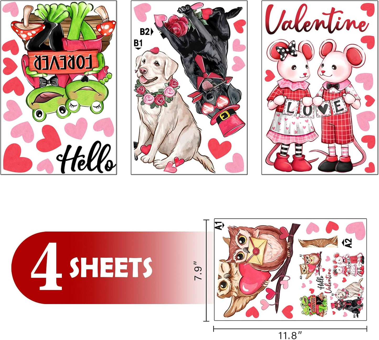 Mfault Valentines Day Animals Window Clings 4 Sheets, Hello Valentine Labrador Dog Frog Cartoon Mouse Owl Stickers Decals Decorations, Love Hearts Anniversary Wedding Home Kitchen Decor Party Supplies