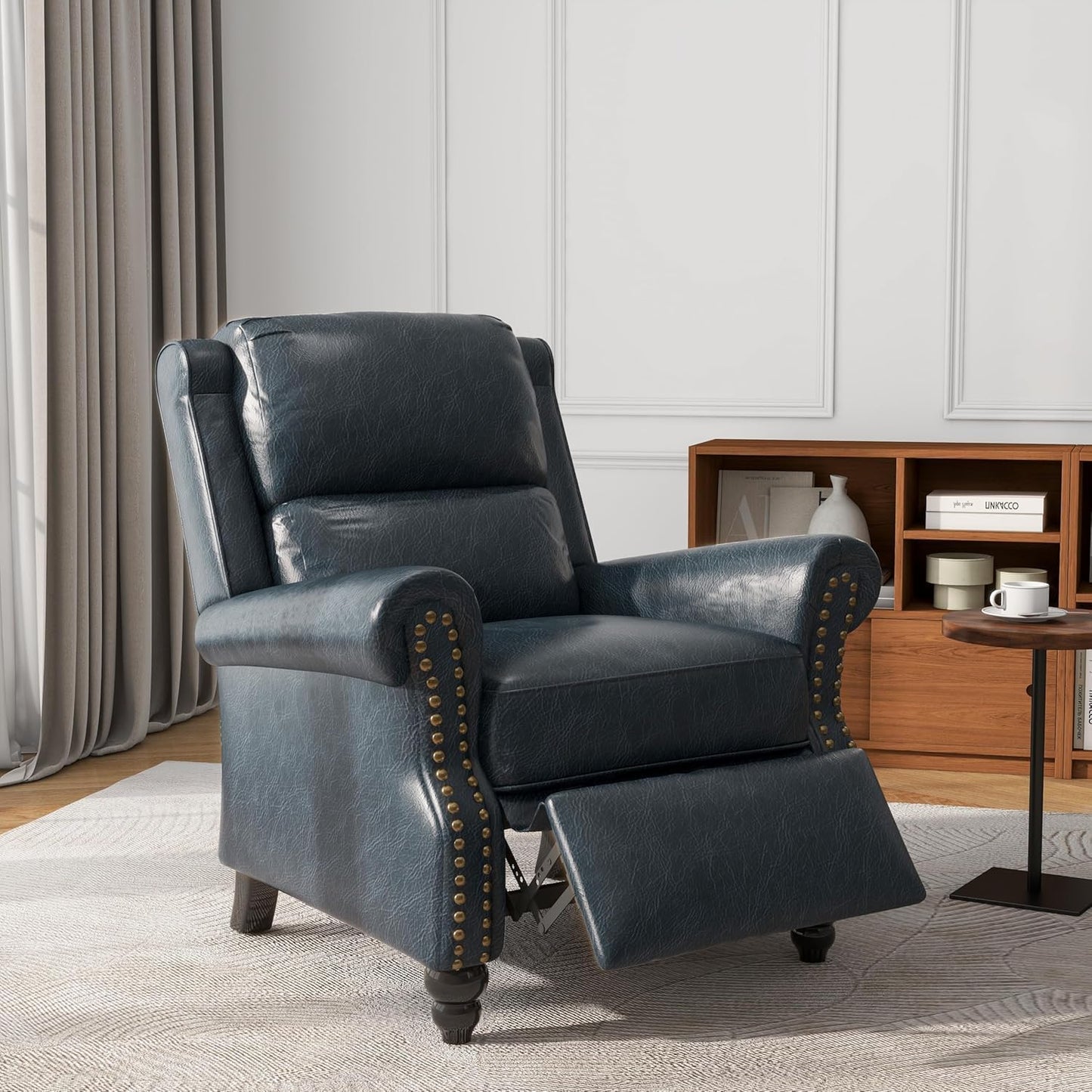 UIXE Pushback Recliner Chair, Faux Leather Armchair Overstuffed Accent Chair for Living Room, Rivet Trim Club Chair Home Theater Single Sofa Bedroom Side Reading Seat - Navy Blue
