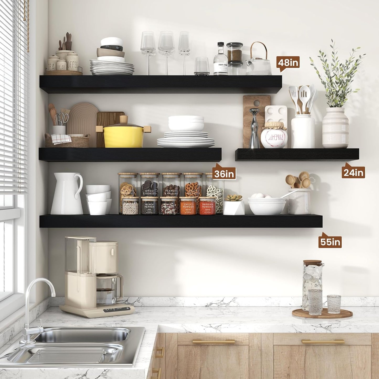 Heimlove 48" Black Floating Shelves for Wall,10 Deep Rustic Wood Display & Storage Wall Shelves with Heavy Duty Brackets for Bathroom,Bedroom,Kitchen,Living Room,Office,Set of 2