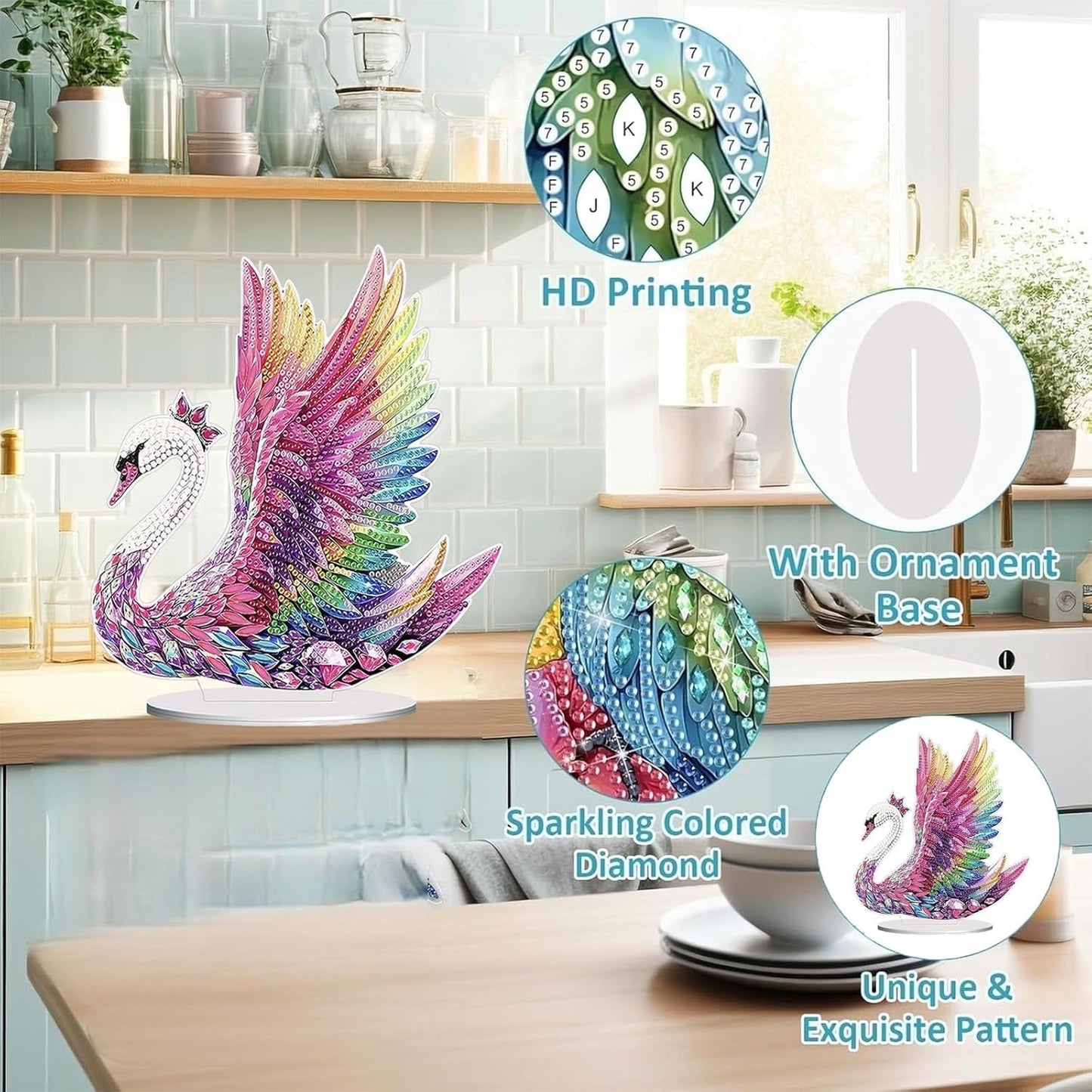 Diamond Painting Kits for Adults Beginners, 5D Full Drill Swan Crystal Art Desktop Ornament, DIY Single Sided Home Office Desk Decor, Creative Craft Gift Set with Tools