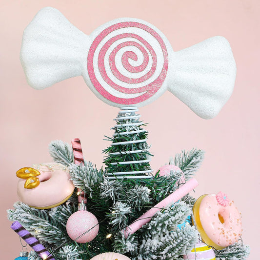 Retisee 9.8 in Large Pastel Candy Christmas Tree Topper Pink Candy Swirl Treetop Pink Pastel Candycane Christmas Ornaments for Xmas New Year Birthday Party Tree Decorations