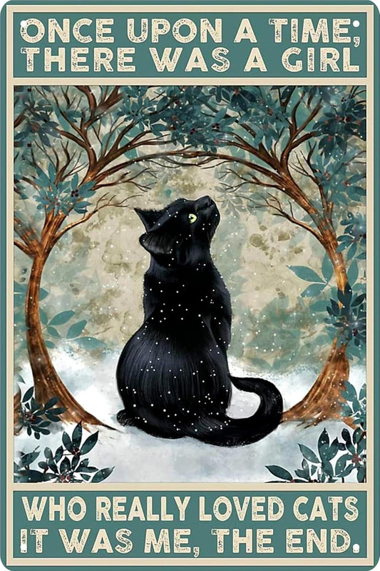 Black Cat Decor Vintage Metal Tin Sign Black Cat Once Upon a Time There was a Girl Poster Art Decor Home Bar Poster Cute Posters Cat Posters 12 x 8 Inch