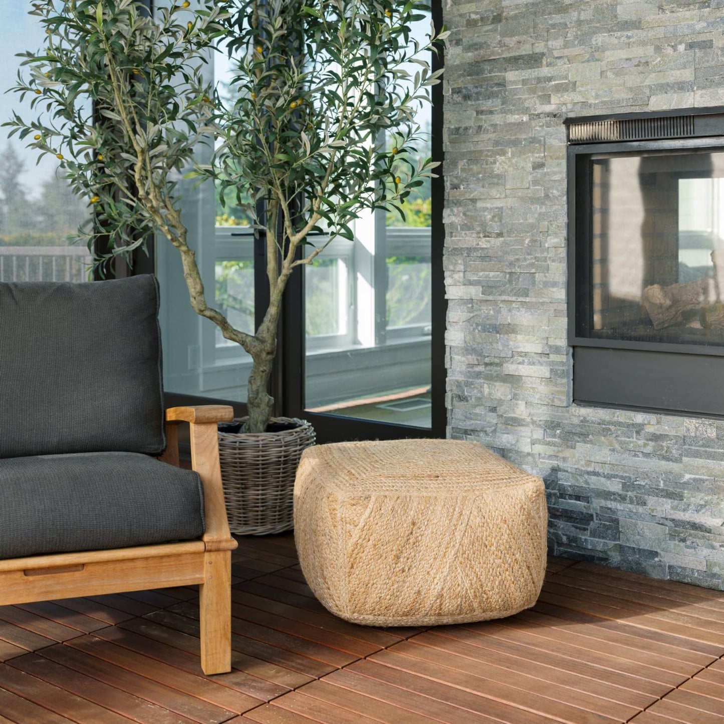 Pouf Ottoman, Square Braided Natural Jute Ottoman Pouf for Living Room or Bedroom, Floor Chair, Foot Rest or Decorative Home Decor