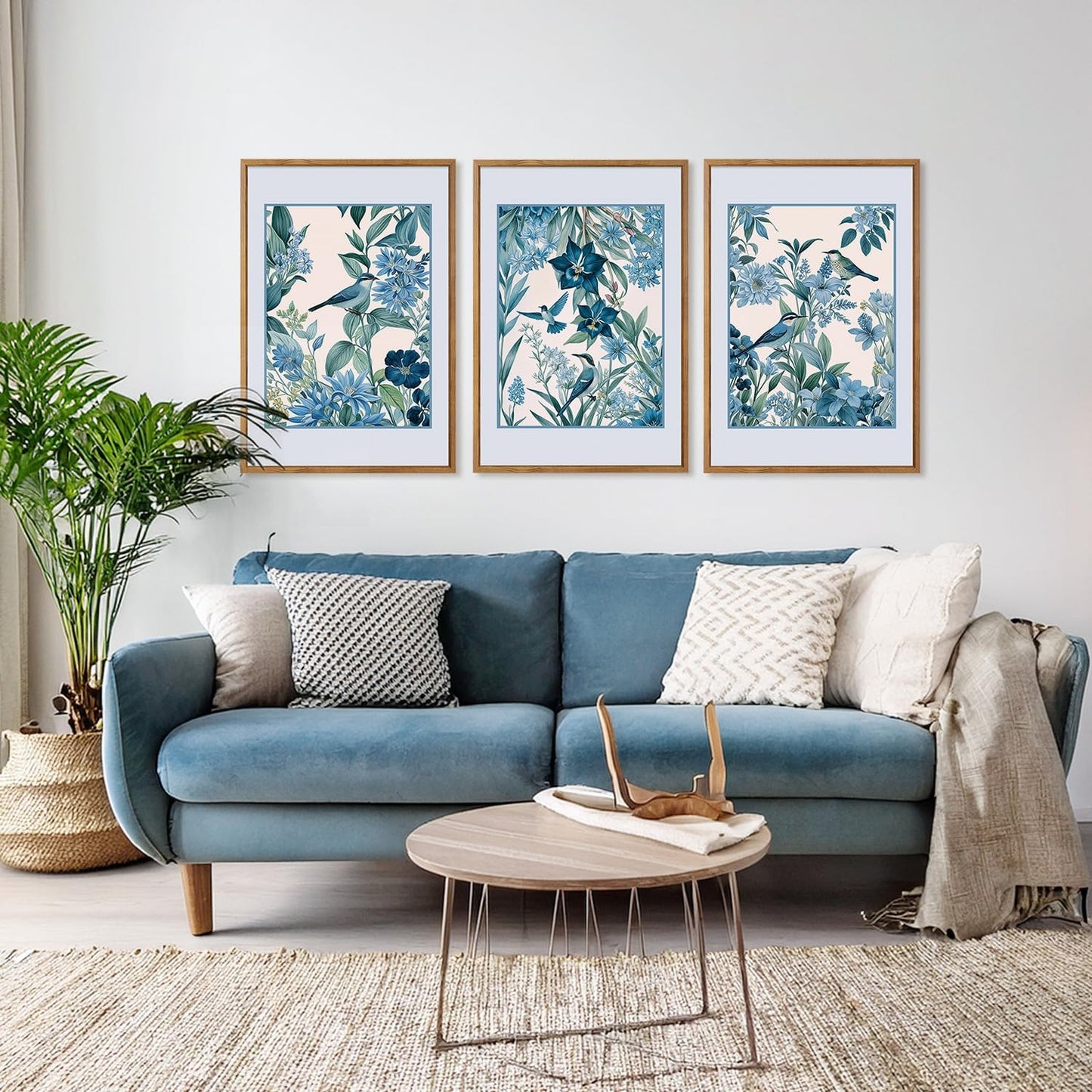 Aurlan Vintage Blue Birds and Botanical Framed Wall Art(16"x24"), 3PCS Classic Chinoiserie Audubon Bird Canvas Artwork, Large Abstract Watercolor Flowers Floral Home Decor for Bedroom Living Room