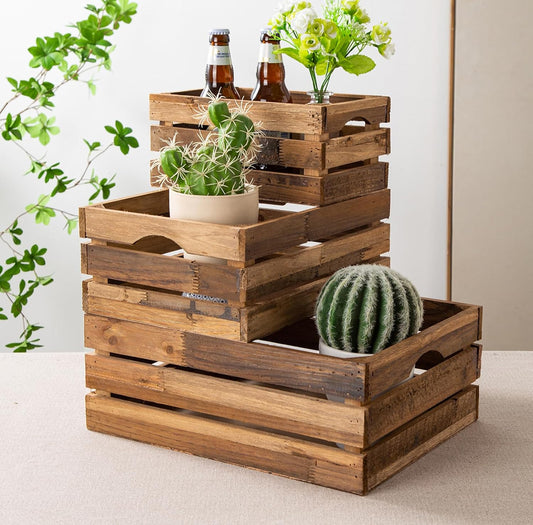 Set of 3 Nesting Wooden Crates, Rustic Wooden Storage Container Boxes with Cutout Handles, Decorative Farmhouse Wood Baskets for Display (Natural)