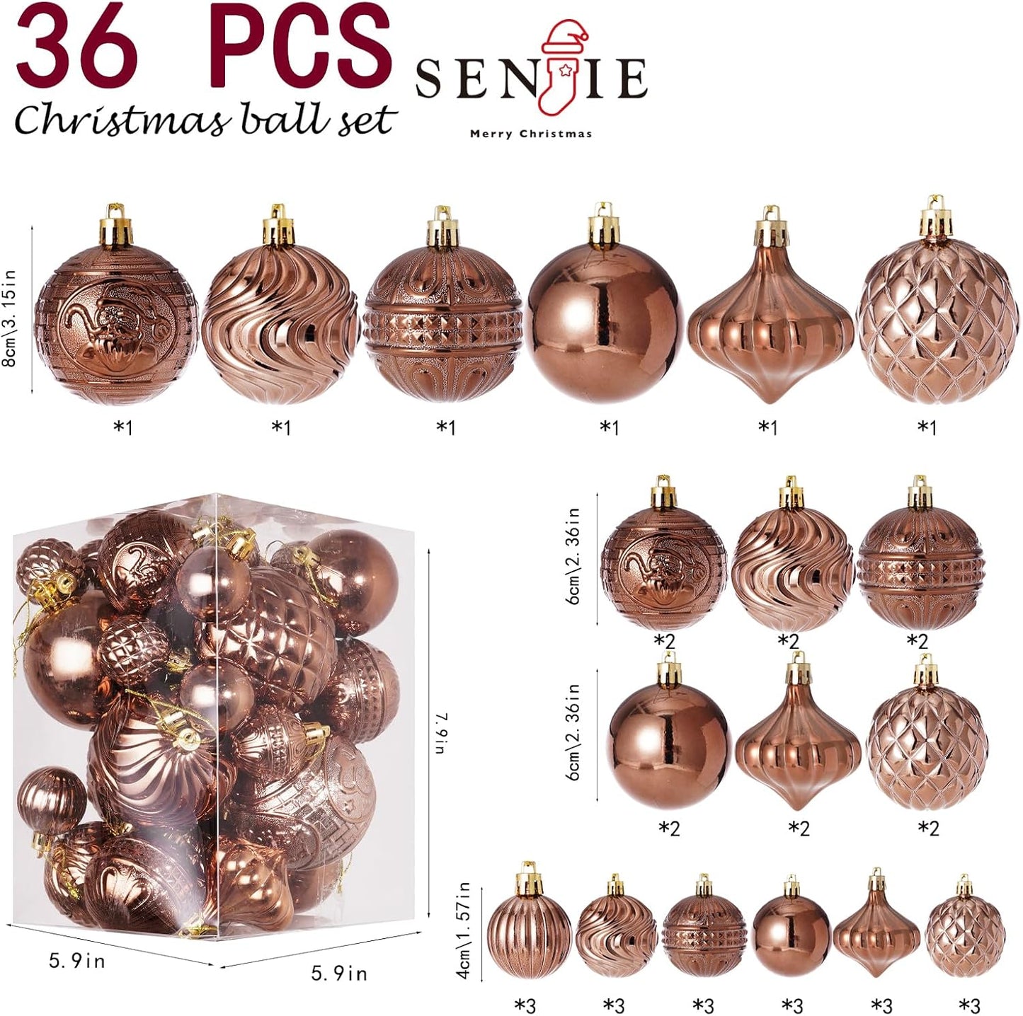 Christmas Ornaments Set with 36pcs Shatterproof Christmas Tree Decorations Multi-Size Christmas Ball Ornaments with 7 Styles Brown