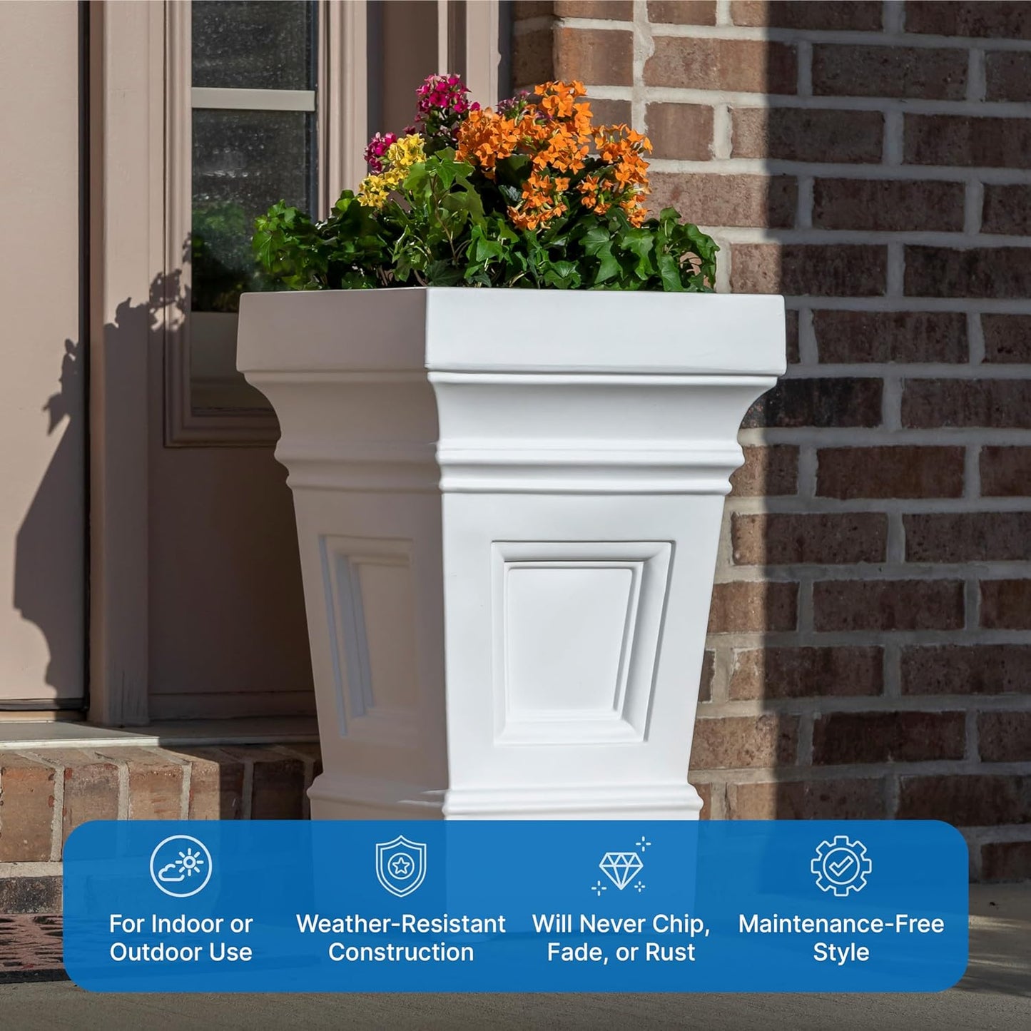 Step2 Atherton Square Planter, Large Planters for Outdoor Plants, Gardening and Flower Pot for Patio or Porch, Efficient Drainage, Durable Plastic, Classic White