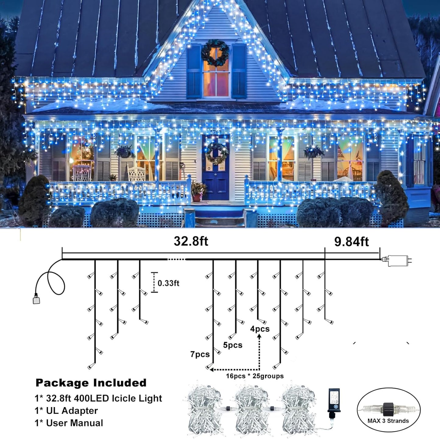 Icicle Lights for Outside, 33FT 400 LED Christmas Lights Outdoor with Waterproof 8 Modes, Plug in Connectable String Twinkle Light for Indoor Home Roof Window Garden Wedding Decorations, Blue White