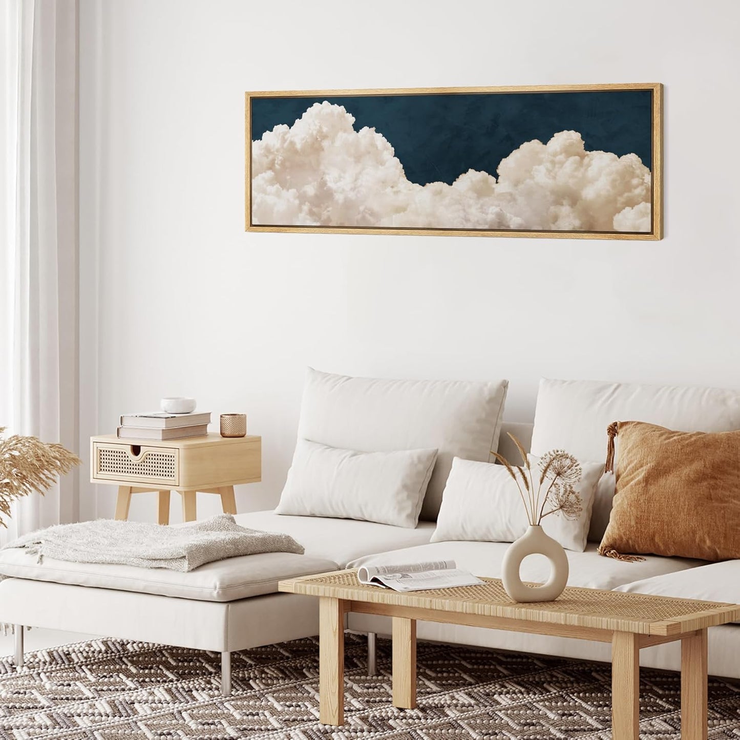 MUDECOR Large Framed Canvas Print Wall Art Cumulus Clouds Panoramic Dramatic Skyline Illustrations Antique Retro Fine Art Illustrations Decorative Colorful for Bedroom - 60"x20"