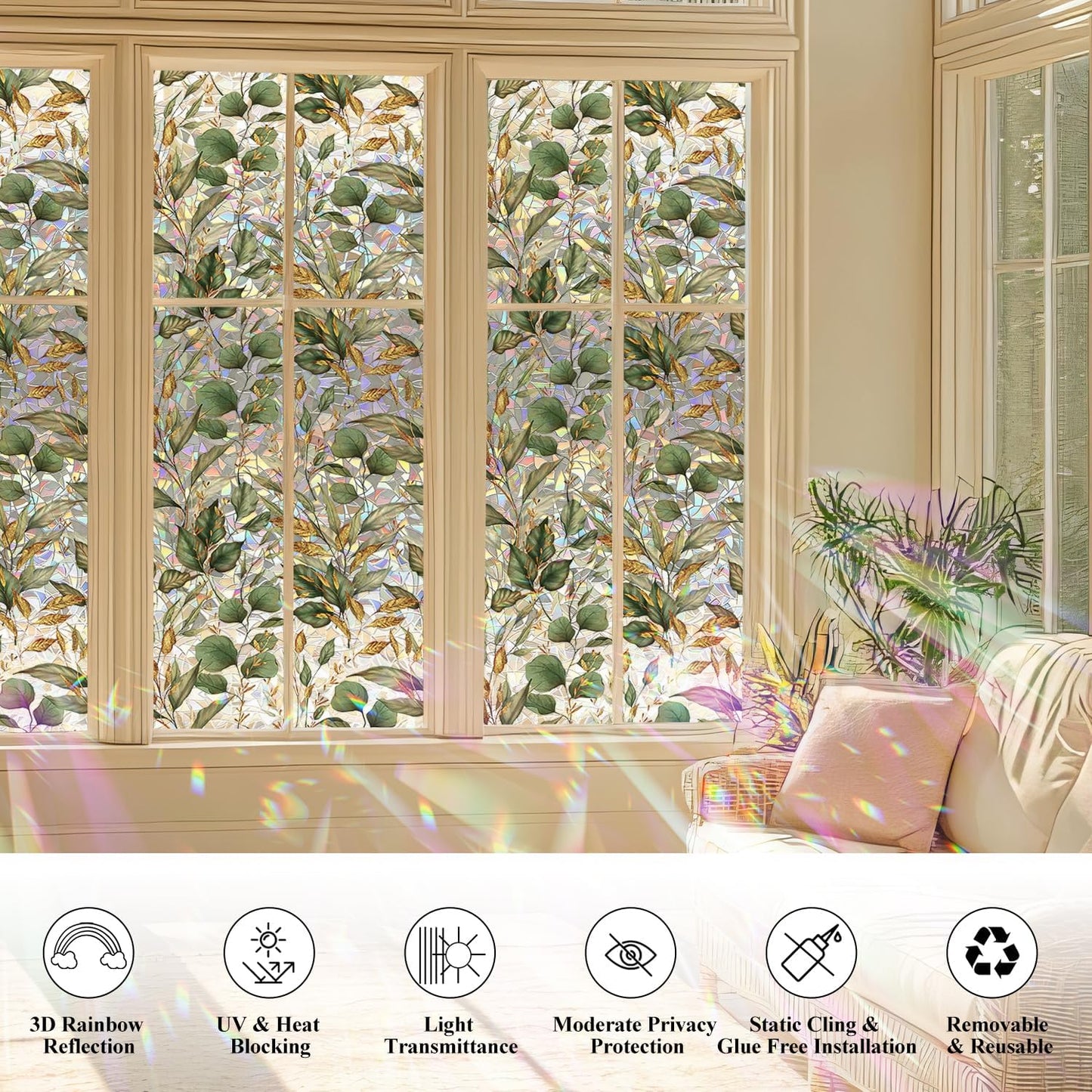 Rainbow Window Privacy Film with Tools, 3D Stained Glass Window Film, Spring & Autumn Leaves, 16.93" x 157.48"(43X400CM)