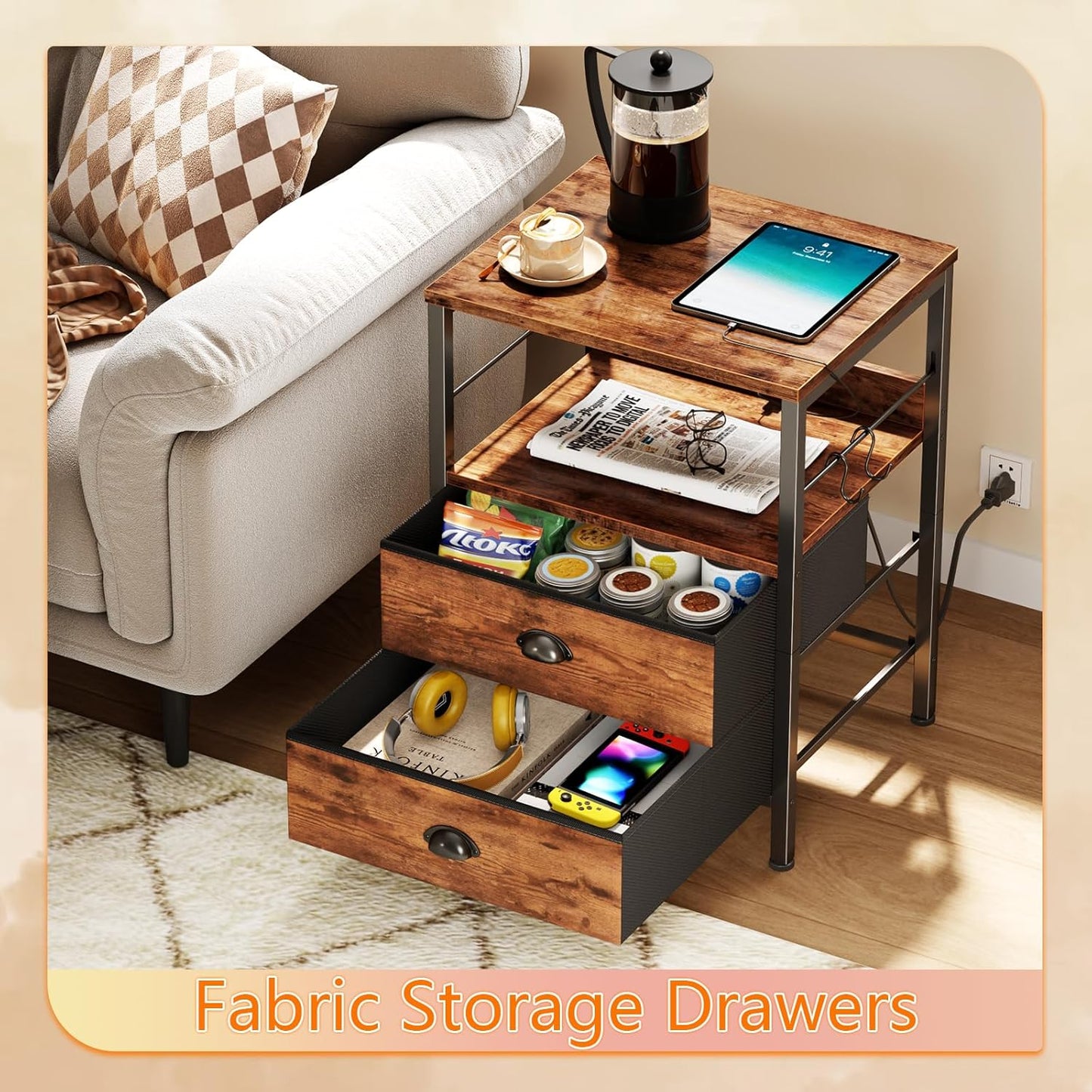 Furologee Night Stand with Charging Station, Bedside Table with Fabric Drawers, End Table with USB Ports & Outlets, Rustic Nightstand with Storage Shelf & Hooks, for Living Room/Bedroom, Rustic Brown