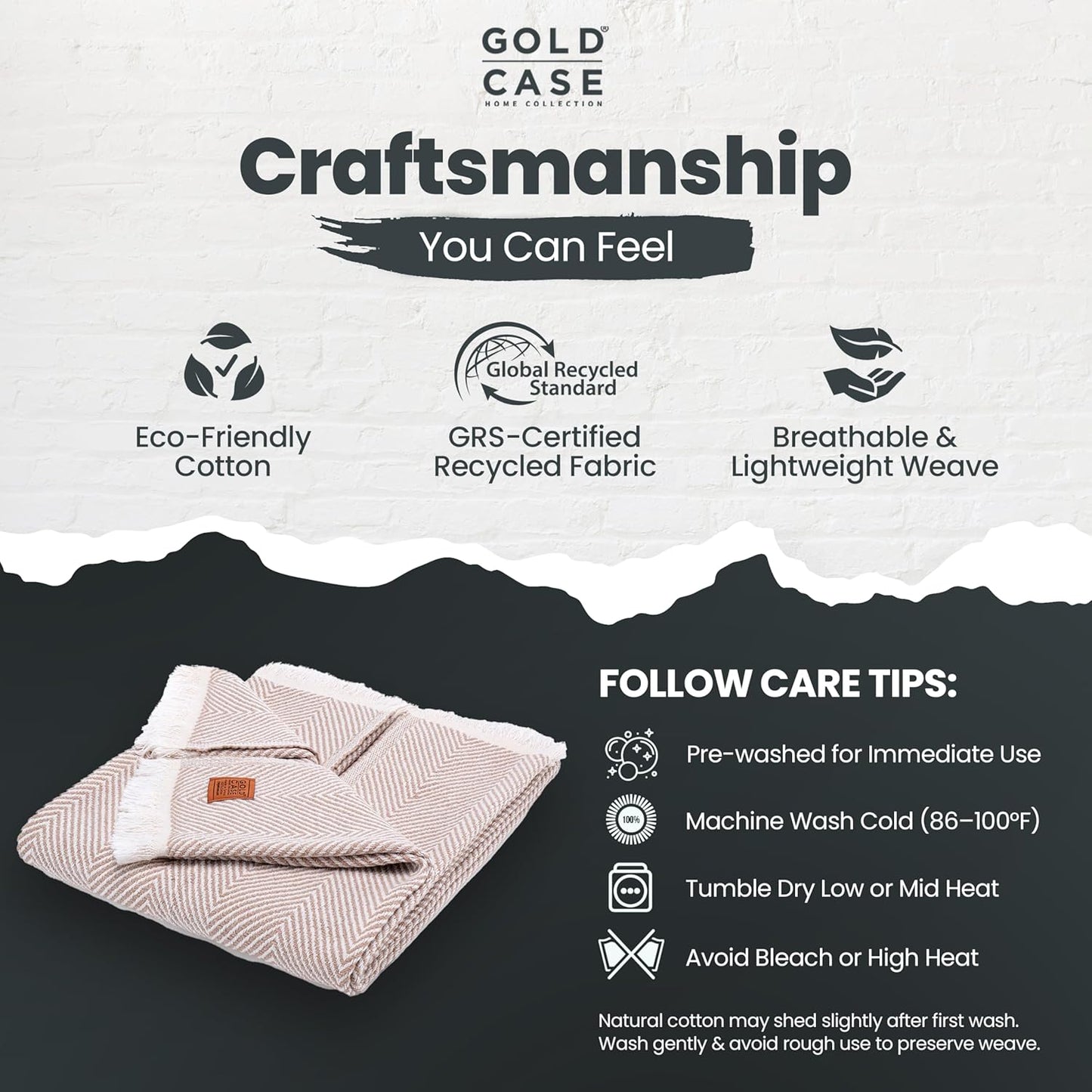 Gold Case Throw Blanket for Couch – 100% Recycled Turkish Cotton Blankets & Throws – Elegant Decorative Throw Blankets for Living Room Sofa – Woven Throws for Couch – Elegant Beige – 60x80