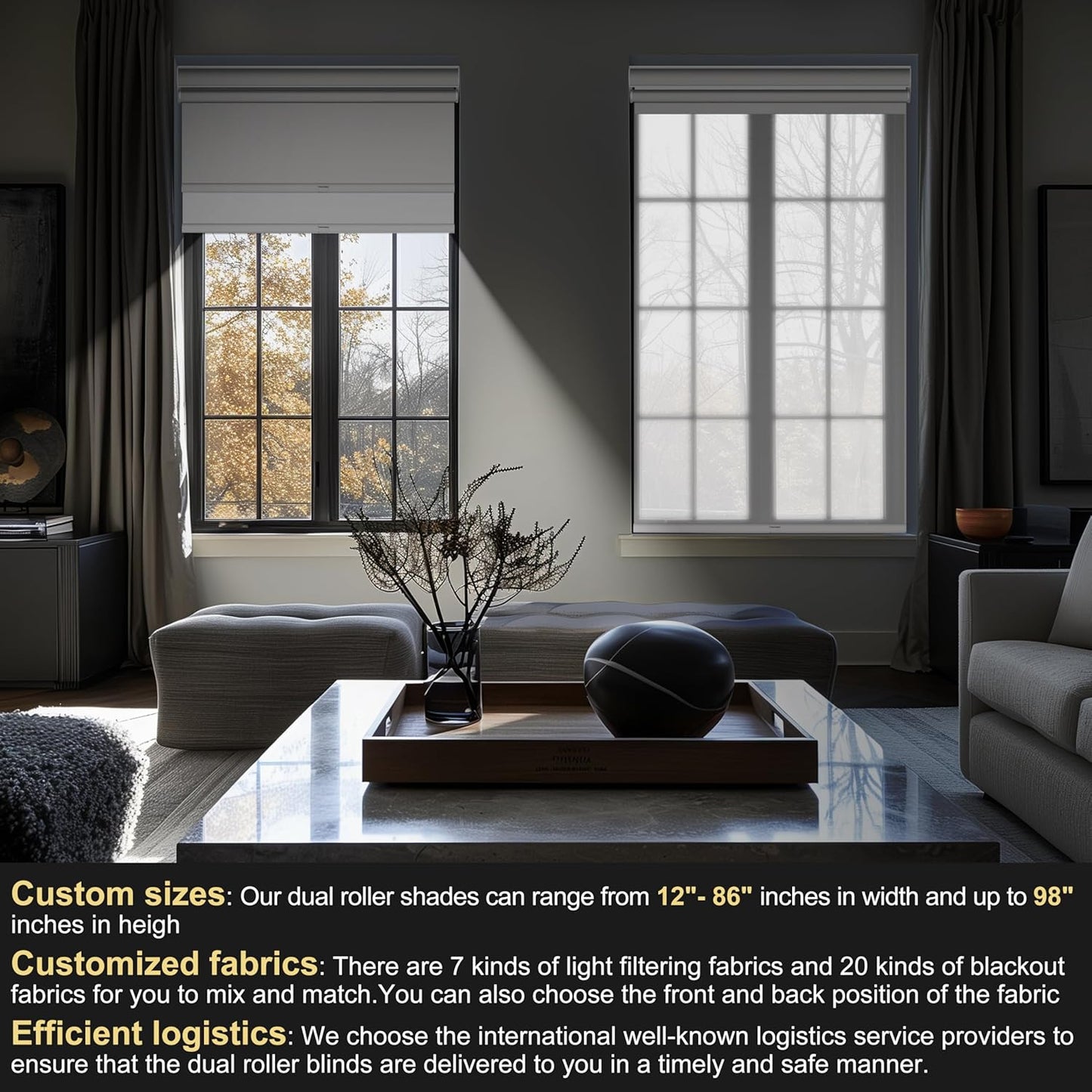 BERISSA Dual Roller Shades with Cassette Valance, Blackout and 5% Light Filtering, Day and Night Shades for Home Office. Striped Jacquard White, Custom Sizes