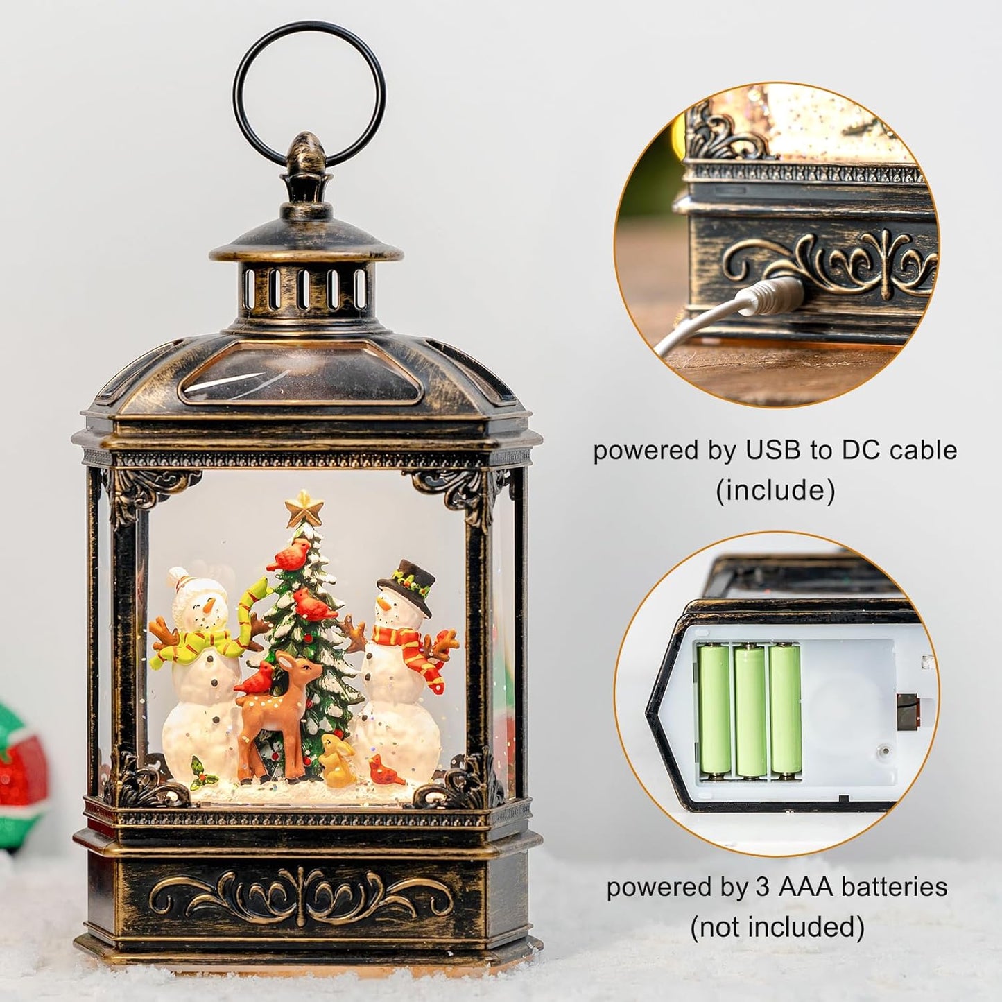 Christmas Snow Globes Lantern Christmas Snow Globe with Music Snowman and Christmas Tree,6H Timer,USB Lined/Battery Operated Lighted Lantern for Christmas Festival Decoration Gifts