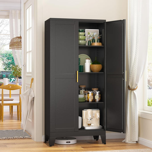 Metal Storage Cabinet With 2 Doors and 3 Adjustable Shelves, Black Kitchen Pantry for Food, Utility Cabinet for Laundry Room, Cupboard