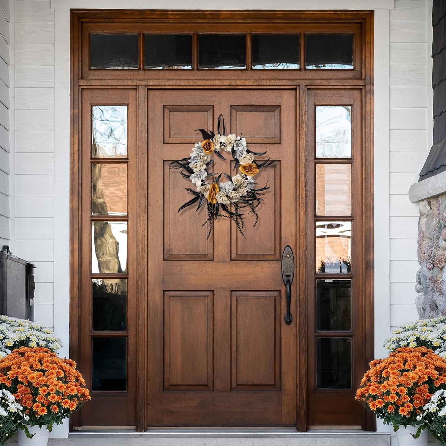Skulls with Roses Halloween Foliage Wreath - 14" - Unlit