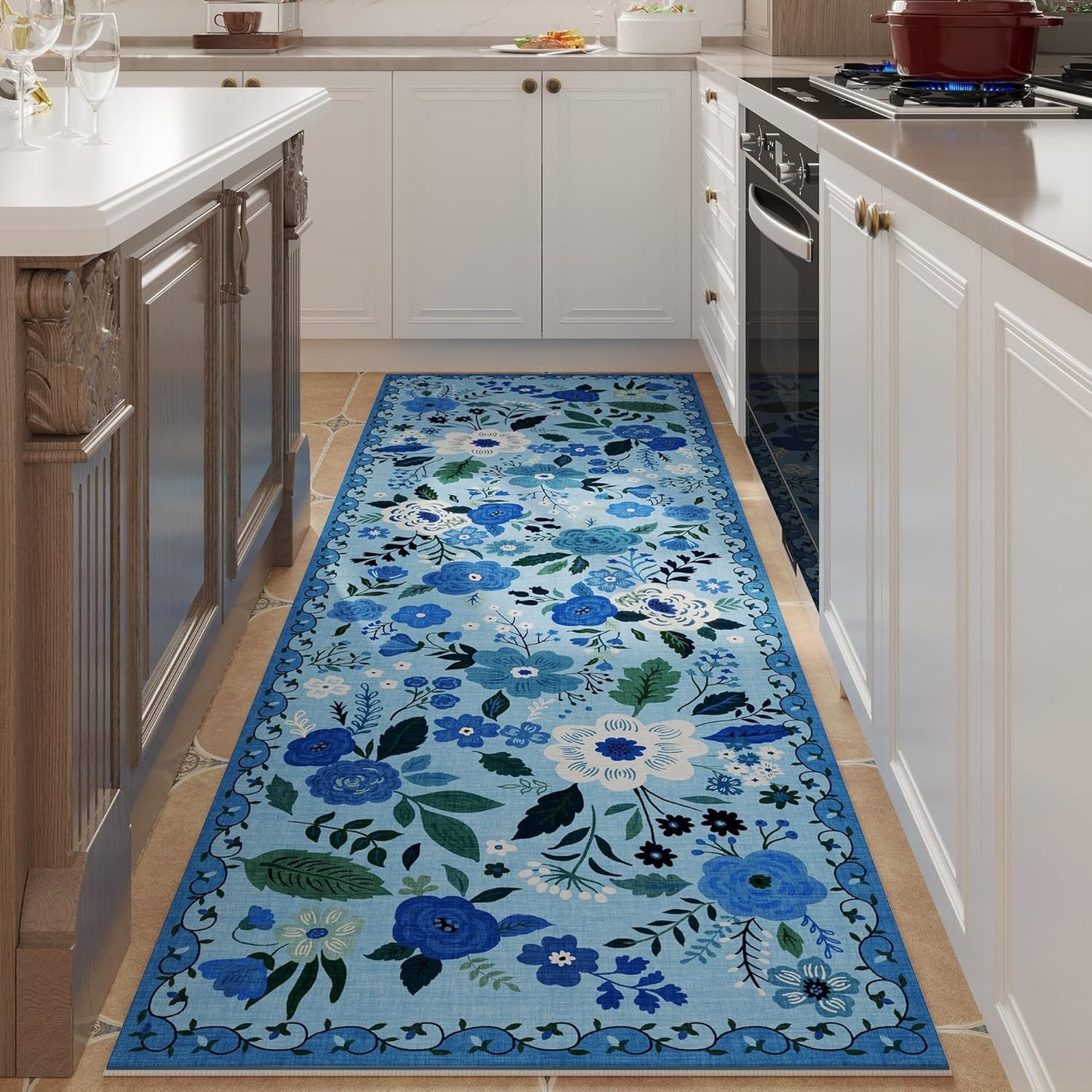 Runner Rug for Hallways Kitchen Rug Non Slip 2'x 6' Washable Runner Rugs with Rubber Backing Soft Floral Carpet Runner for Hallways, Kitchen, Laundry, Bedroom, Bathroom(Blue)