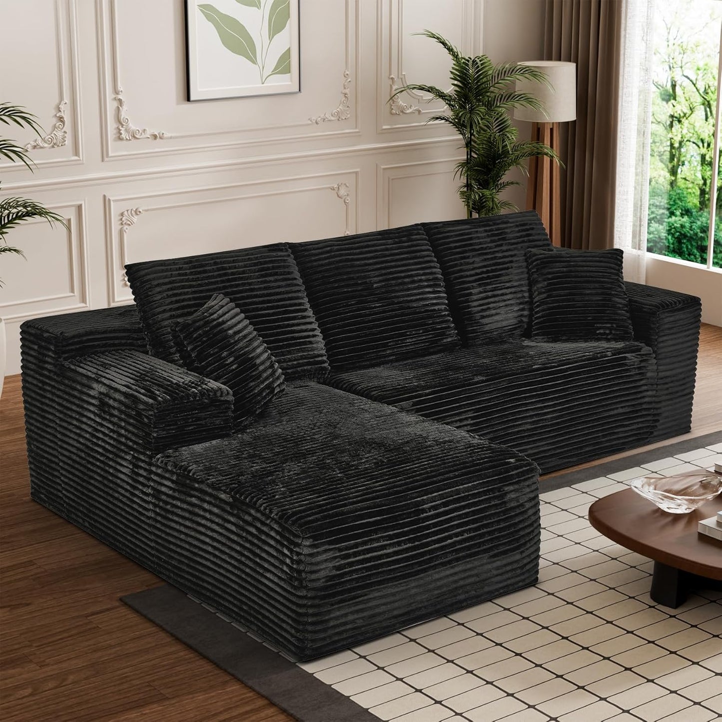 Modular Sectional Sofa Cloud Sectional Couch, 107" Comfy Fluffy L Shaped Light Black Couches for Living Room, Deep Seat Memory Foam Corduroy Boneless Couch Sectionals with Right Facing Chaise Sofa