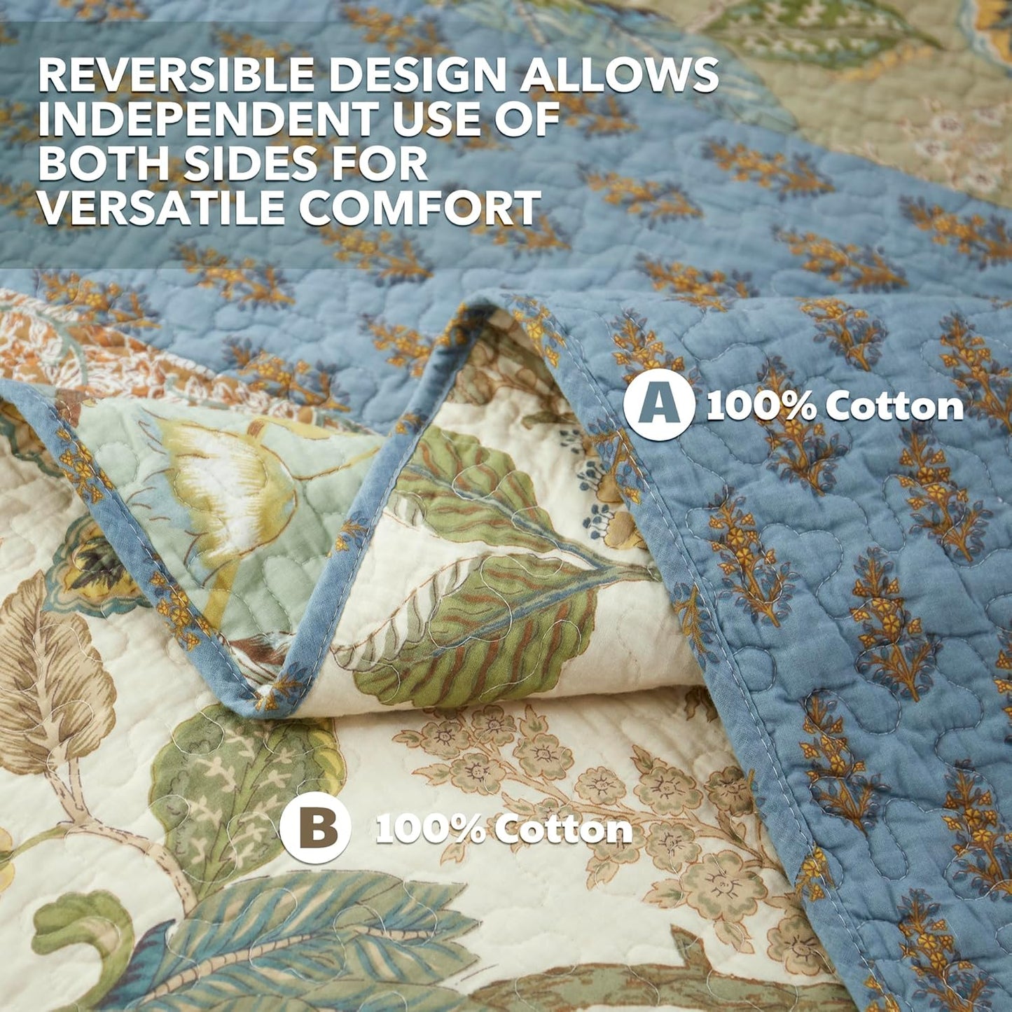 NEWLAKE Quilt Set Queen Size, 100% Cotton Patchwork Green Bohemian Quilt Sets, Reversible Bedspread Lightweight and Breathable for All Seasons, Soft Quilted Bedspread with 2 Pillow Shams