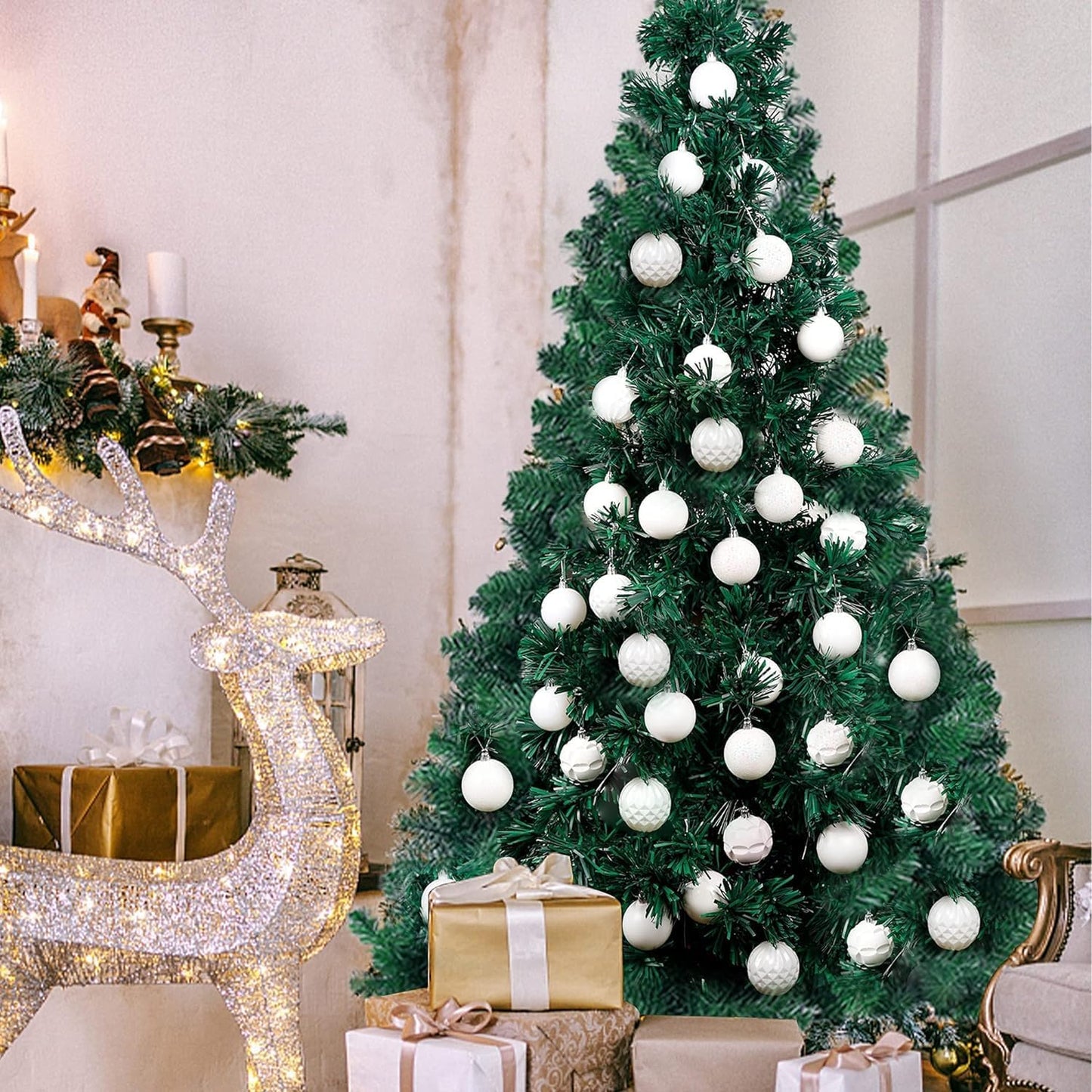 Lulu Home Christmas Ball Ornaments, 24 Ct 2.36" Pre-Strung Hanging Ornament Decorations, Xmas Shatterproof Plastic Balls for Holiday Party Wreath Garlands Trees, White