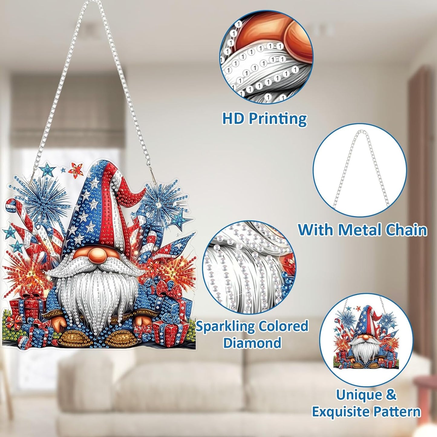 SENQAO Gnome Diamond Art Hanging Kit for Adult, Special Shaped Rhinestone, Double Sided DIY Acrylic Diamond Art Painting Window Pendants Home Garden Wall Hanging Kits Hanging Ornament(4Th of July)