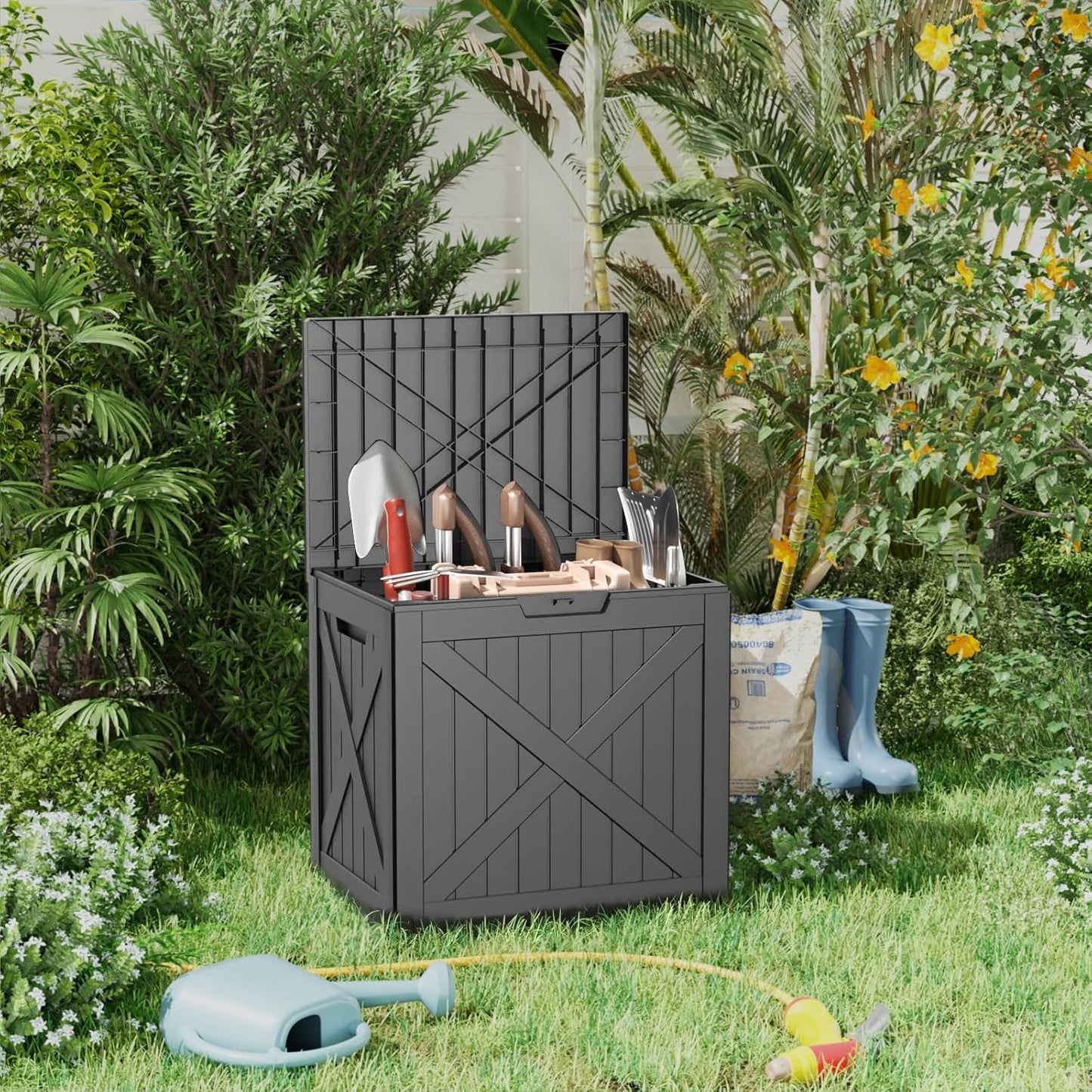 32 Gallon Outdoor Deck Box,Storage Lockable Waterproof Patio Furniture,Garden Tools,Cushions,Pool Accessories Outside Storage Resin Box(Blackn)