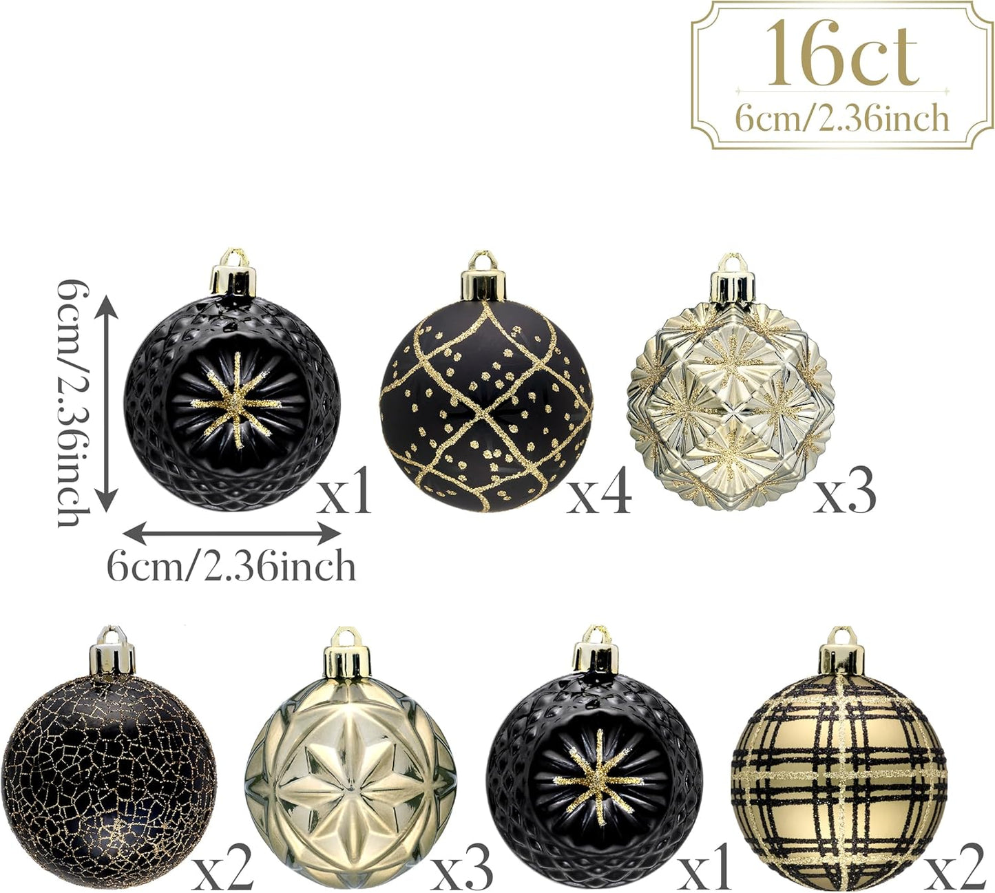 Valery Madelyn Ornaments for Christmas Trees, 16ct 2.36 Inches Black and Gold Shatterproof Christmas Tree Decorations, Luxury Hanging Ball Ornaments for Xmas Holiday Party Decor