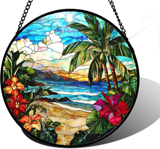 Stained Glass Window Hanging, Blue Beach Scenery Suncatcher Diamond Glass Panel Hangings Sun Catchers Decor for Birthday for Women, Men, Wife, Aunt, and Mom 9.8 in