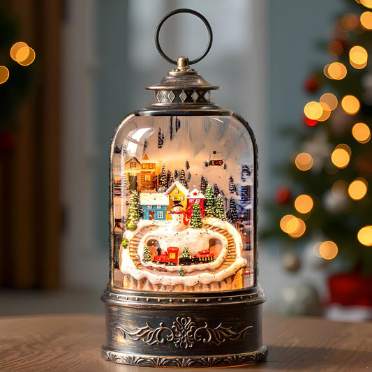 Christmas Snow Globe Lantern Water Glittering Snowman & Train with Music & Timer, USB Lined/Battery Operated Lighted Lantern for Christmas Festival Decoration Gifts