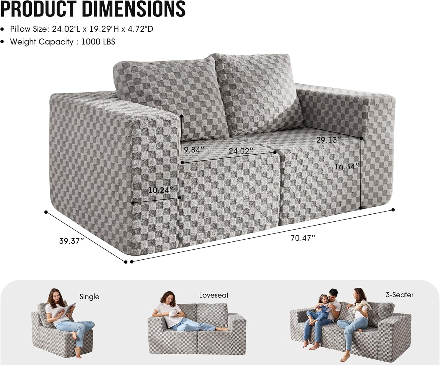 Modular Sectional Sofa 2 Seater Loveseat Modular Couch with Deep Seat Memory Foam Cloud Chair with Pillows Oversized Sectional Sofa for Living Room Bedroom (Plush Grey, Loveseat)