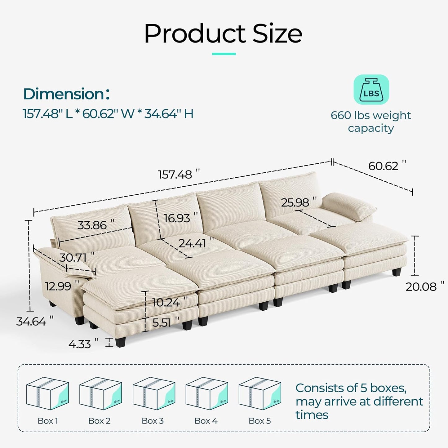 LINSY HOME Modular Sectional Sofa - 157'' Sleeper Sofa Cloud Couch Oversized Corduroy Sofa Bed with Movable Ottoman Soft Modern Comfy Couch for Living Room Apartment Office, Beige