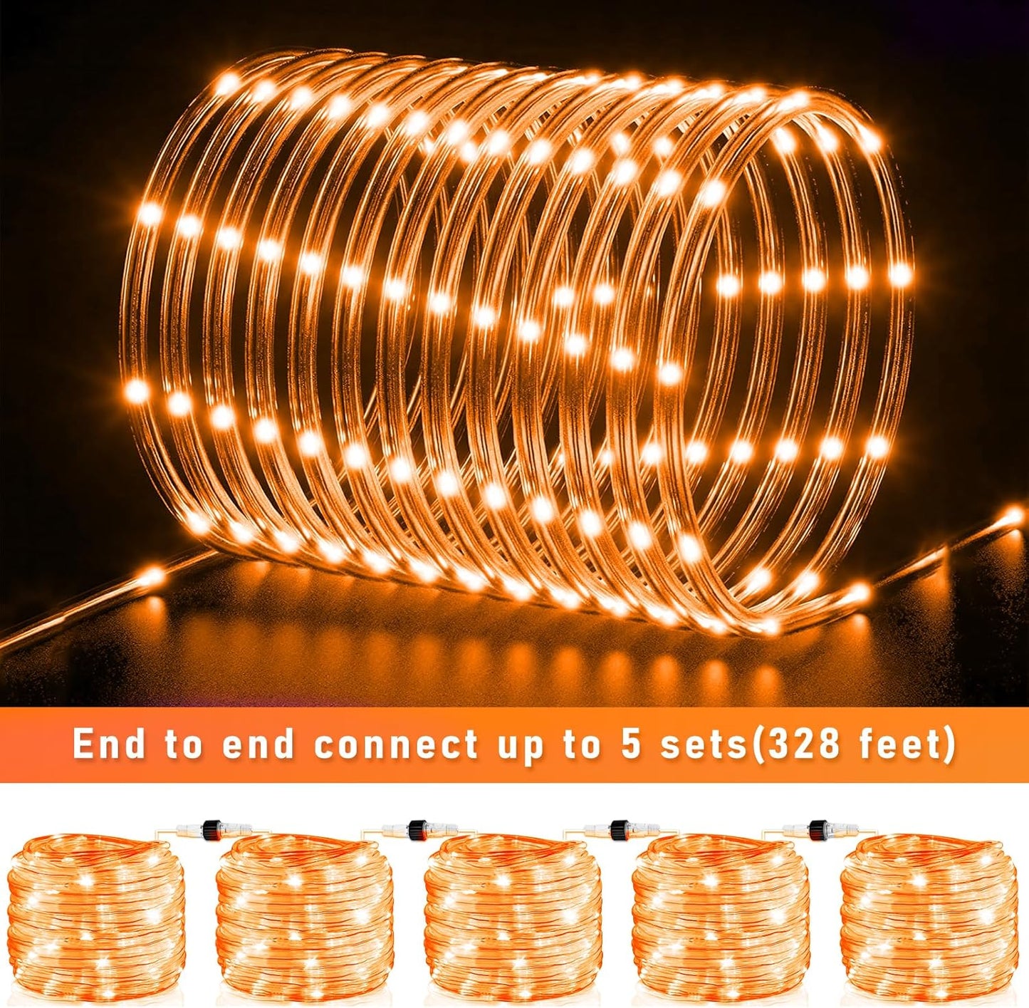 Orange Halloween Lights, 66FT 200 LED Rope Lights for Outside Waterproof with 8 Modes, Connectable Tube String Lights for Indoor, Garden, Backyard, Patio, Deck, Pool, Tree Decorations