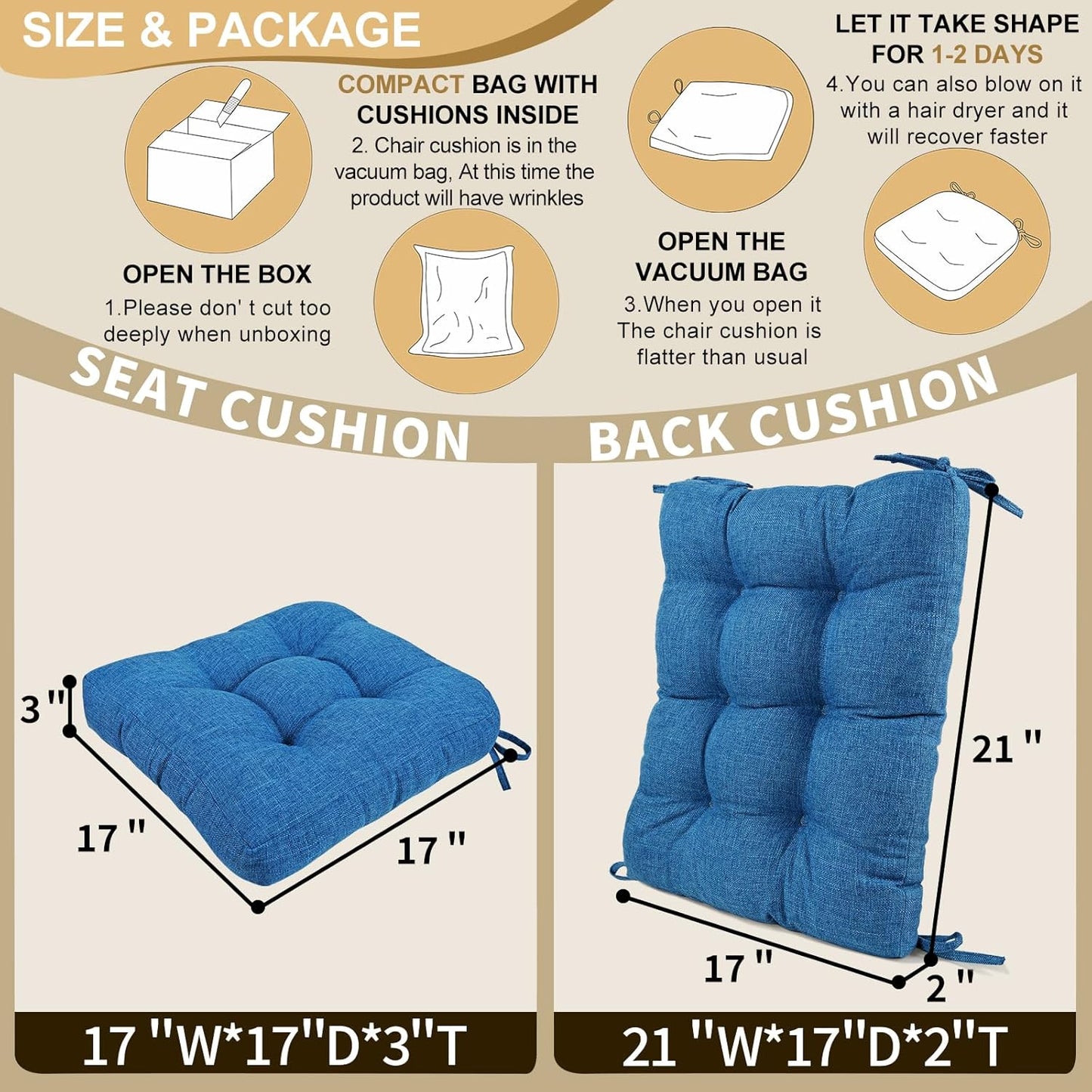 BUYUE Chair Cushion Set for Rocking Chair, Back Pillow & Seat Cushion with Ties, Original Woven Fabric Non-Slip Chair Pads for Elderly Sitting, Blue