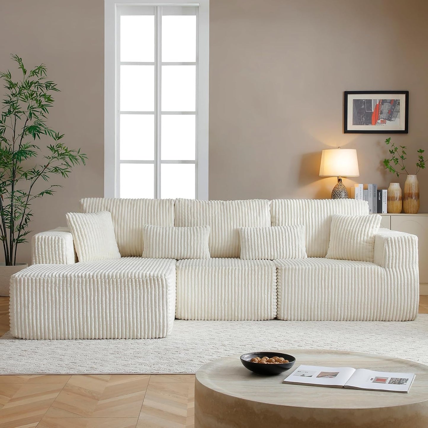 HYJT-H&K Modular Sectional Sofa Cloud Sectional Couch, 107" Comfy Fluffy L Shaped White Couches for Living Room, Deep Seat Memory Foam Plush Corduroy Boneless Couch Sectionals Left Facing Chaise Sofa