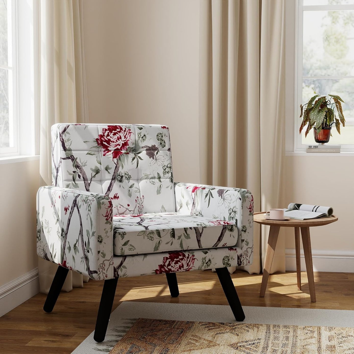 Kromax Mid-Century Modern Accent Chair for Living Room, 496 Lb. Weight Capacity, Dual Armrests, Comfy Extra Large Seat, Timeless Style Perfect for Reading & Relaxing, Red Floral