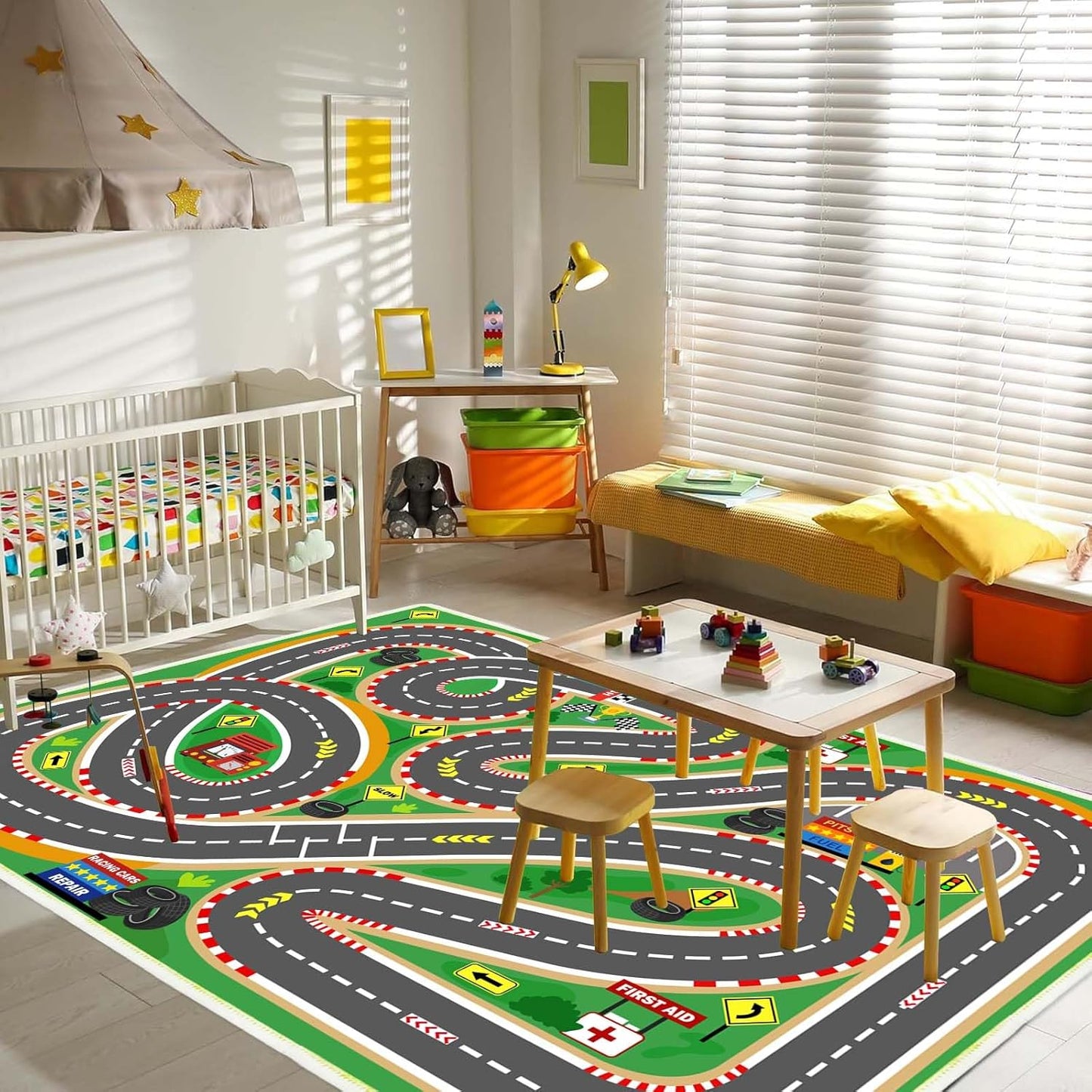 Kids Rug Play mat Playroom Rugs Car Rugs for Kids Toy Cars Race Track for Classroom Rug (Race-Green, 5.2x7.9ft)