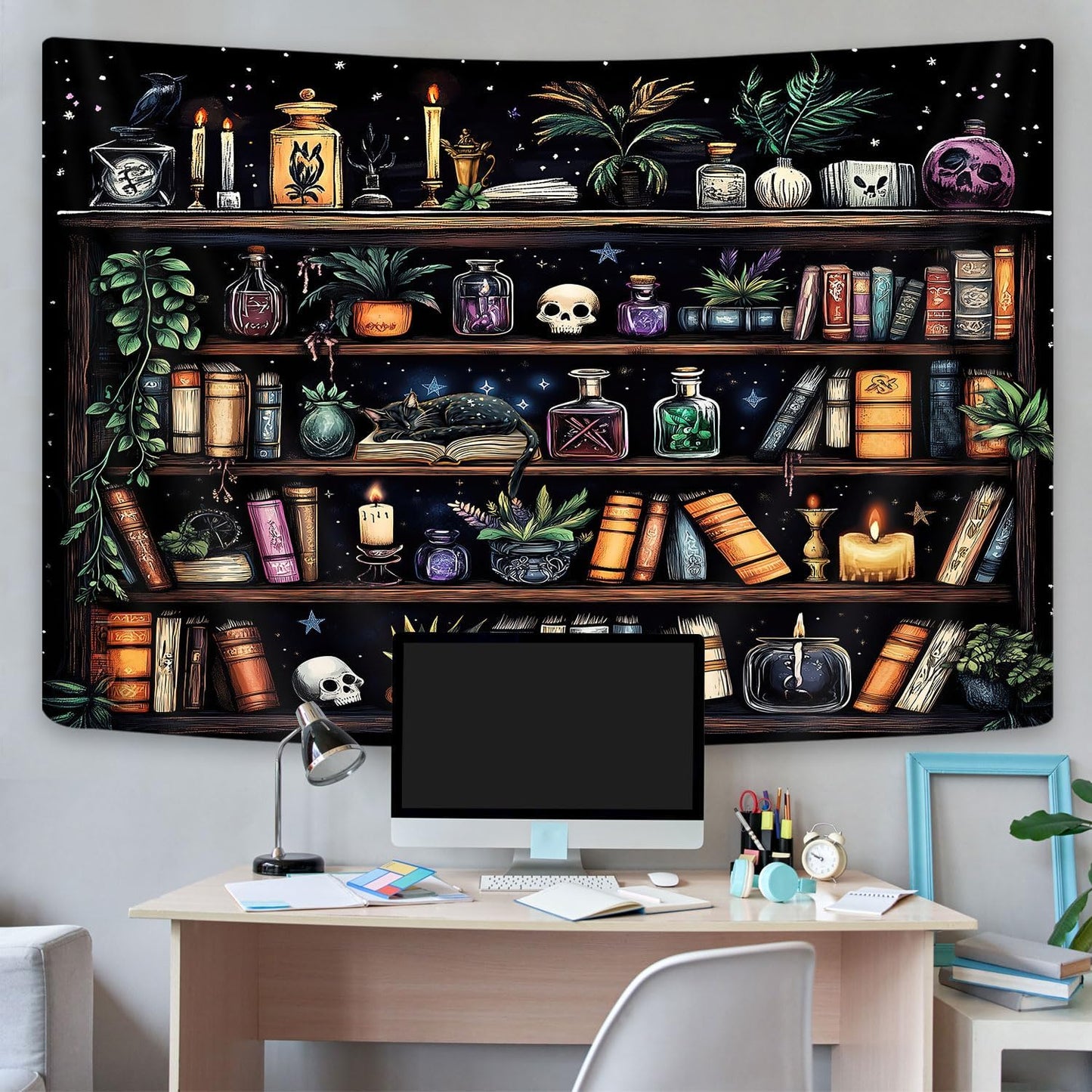 Bookshelf Tapestry Magical Library Witchy Tapestries, Vintage Fantasy Dark Bookshelf Hippie Cool Wall Tapestries Gothic Skull Black Cat Book Aesthetic Decor for Study Classroom, 80X60