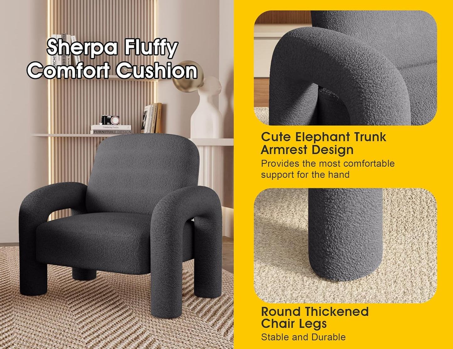 Modern Sherpa Accent Chair, Teddy Upholstered Arm Single Sofa, Cozy Fluffy Reading Chair for Living Room, Bedrooms, Corner (Grey)