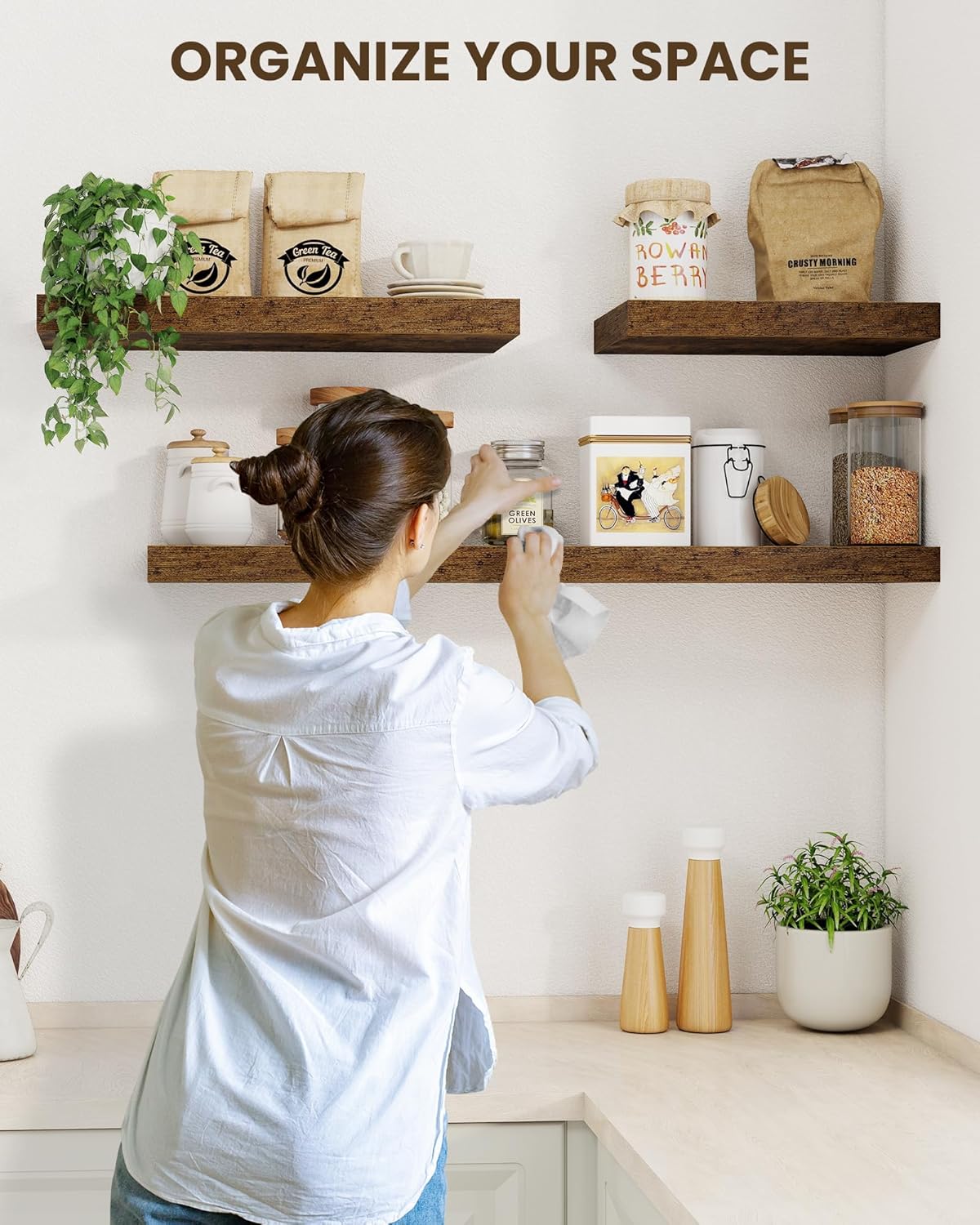 Marsmiles 24" Floating Shelves for Wall, Wooden Shelves with Invisible Brackets Set of 2, Rustic Farmhouse Wall Mounted Shelf for Kitchen Bathroom Living Room Study, Rustic Brown