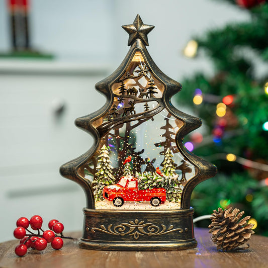 Christmas Snow Globe Lantern Water Glittering Christmas Tree with Red Truck, USB Lined and Battery Operated Lighted Lantern for Christmas Festival Decoration Gifts