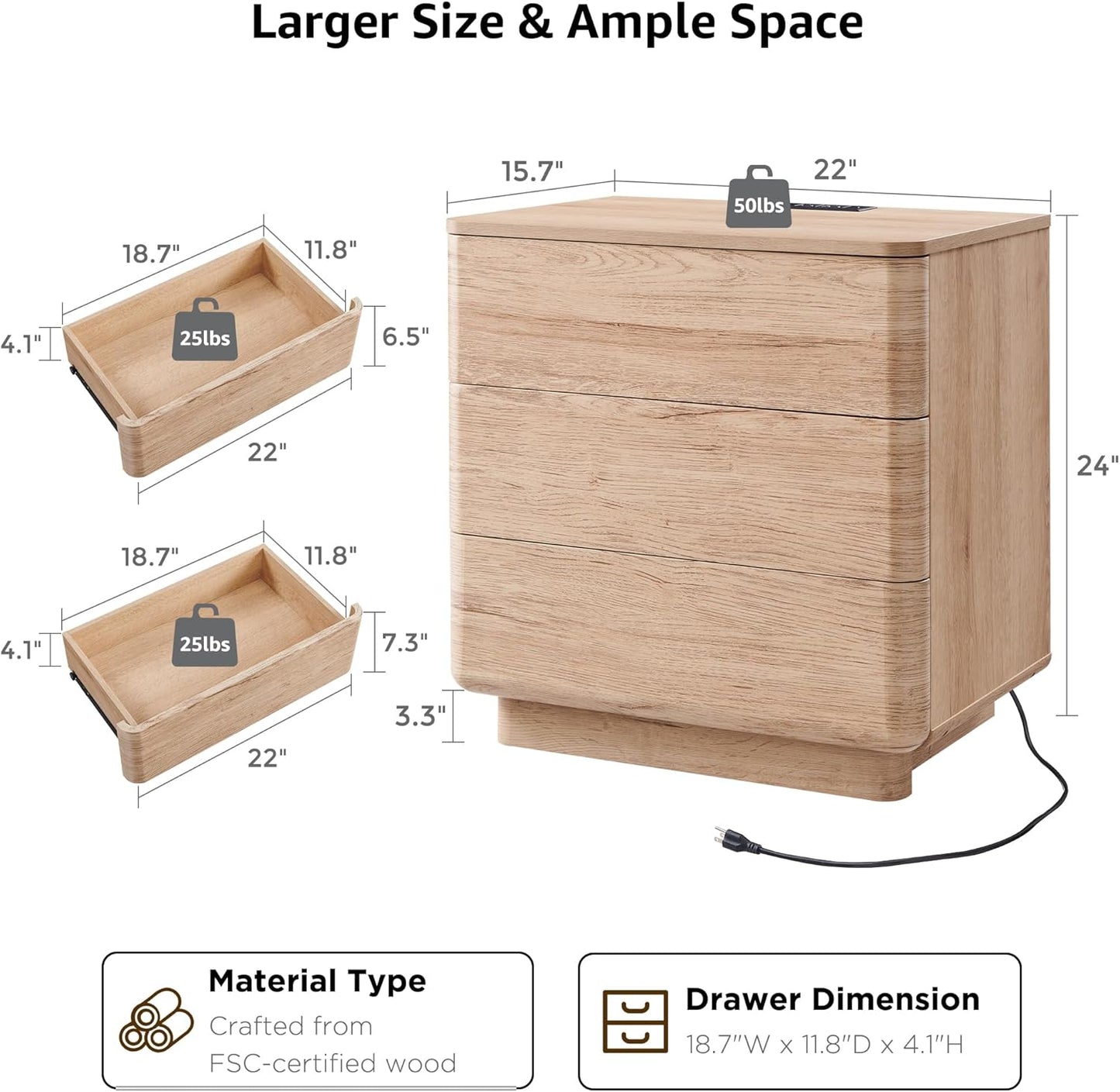 JXQTLINGMU 22" Modern Nightstand Set of 2 with Charging Station, Large Push-to-Open End Table, Wood Bedside Table, Curved Profile, Handleless 3 Drawer Night Stand for Bedroom, Living Room, Natural Oak