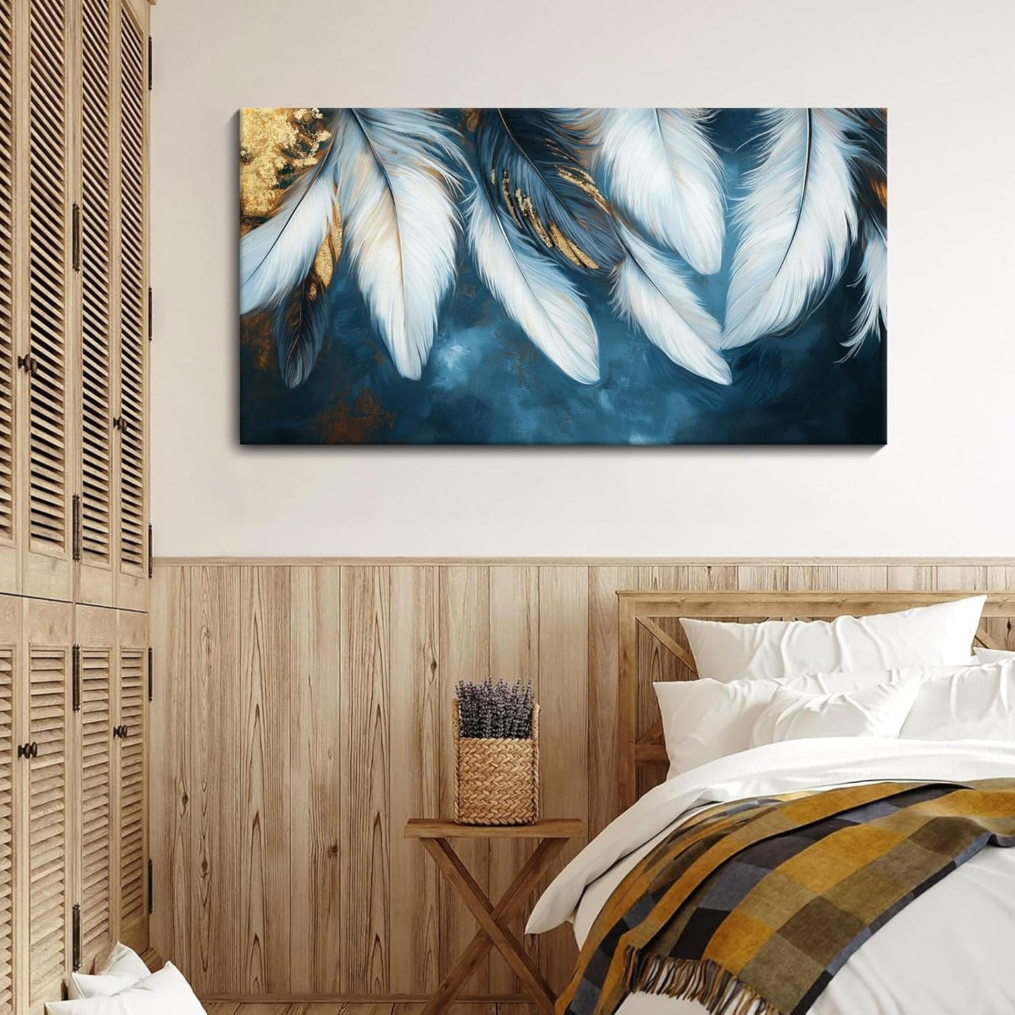 Mofutinpo Blue and Gold Wall Art Navy Blue Pictures for Living Room Feather Canvas Wall Art Blue Bedroom Wall Decor Above Bed Pictures Wall Decor, Painting - Artwork for Walls 20×40IN