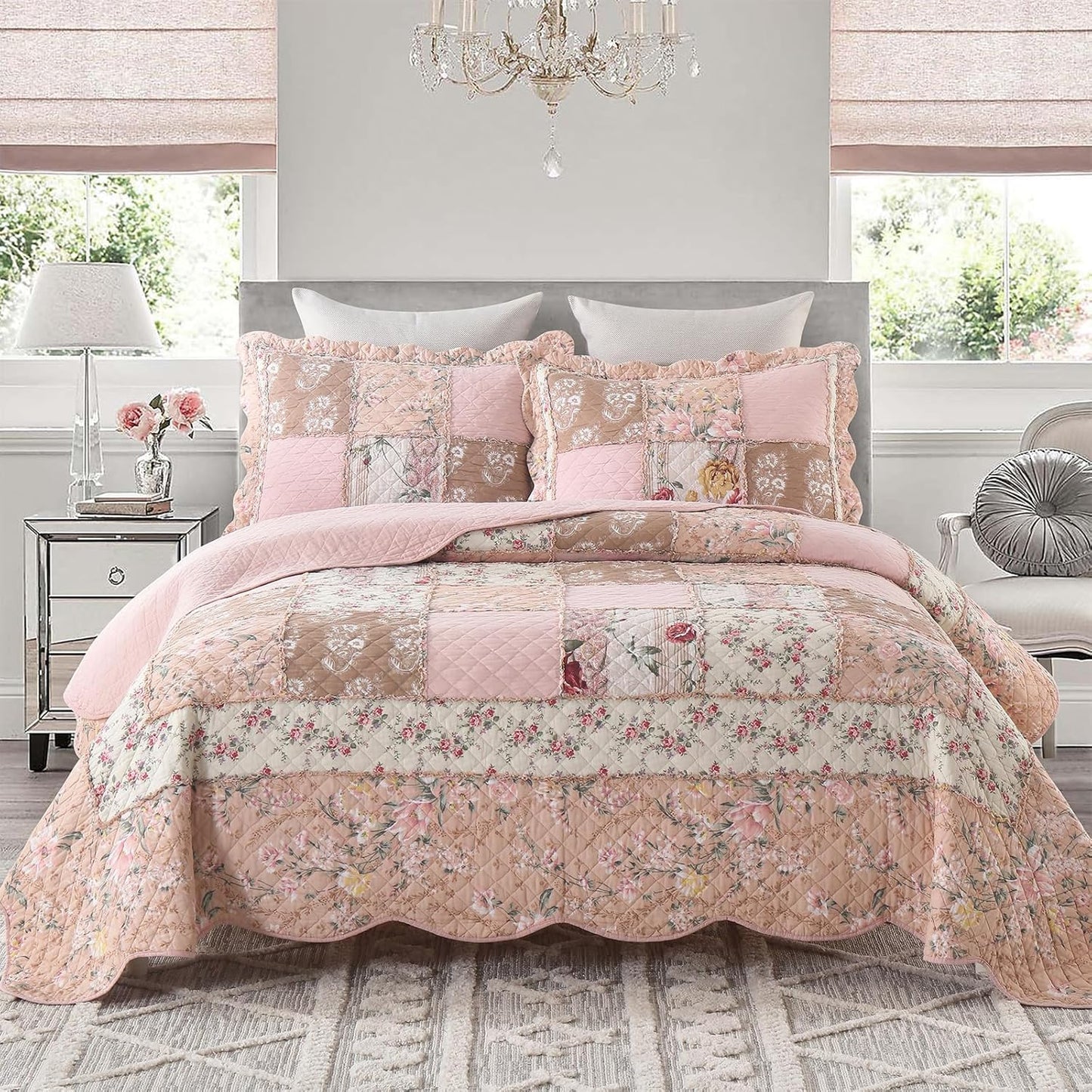 Yvooxny Quilts Queen Size Patchwork Pink Floral Quilt Set Vintage Shabby Chic Botanical Floral Quilted Bedspread 3-Piece Quilt Set with Ruffle for All Seasons, Queen Size, 98 * 90 Inches
