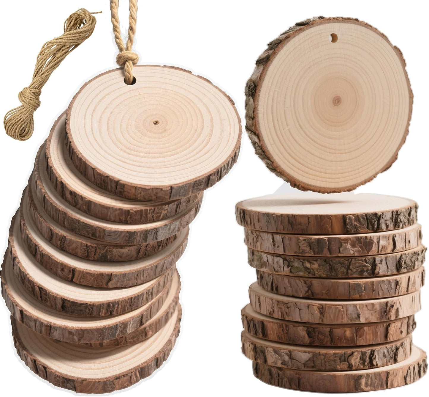 20PCS Pre-Drilled Wood Slices with Holes, 3.2-4 Inch Natural Pine Discs & 8M Hemp Rope, Sanded Smooth DIY Crafts Kit for Christmas Ornaments, Rustic Wedding Decor, Kids Art (20pcs)