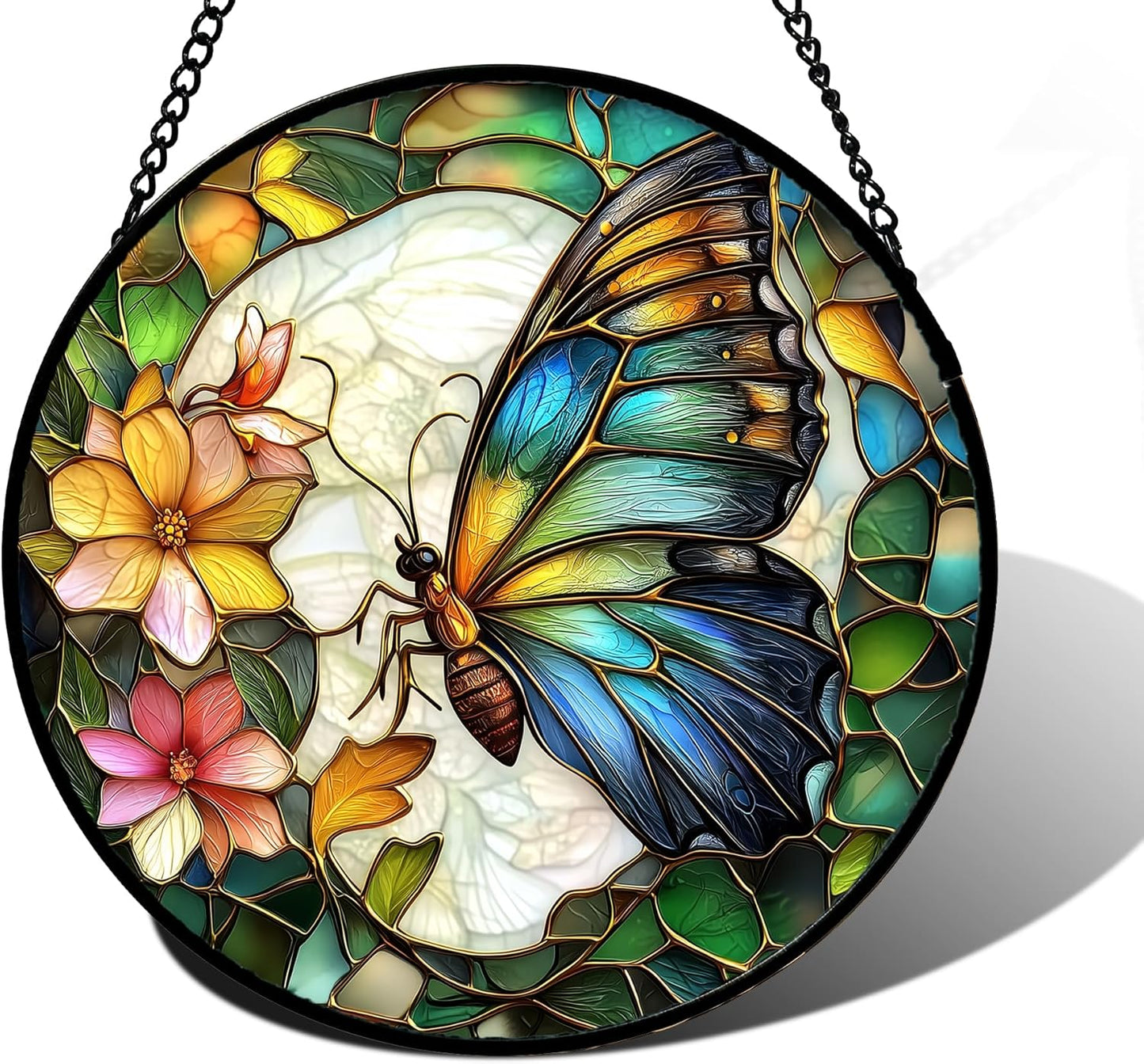 Stained Glass Window Hanging, Butterfly Flower Sun Catchers Diamond Glass Panel Hangings Insect Suncatcher Decor for Birthday for Women, Men, Wife, Aunt, and Mom 9.8 in