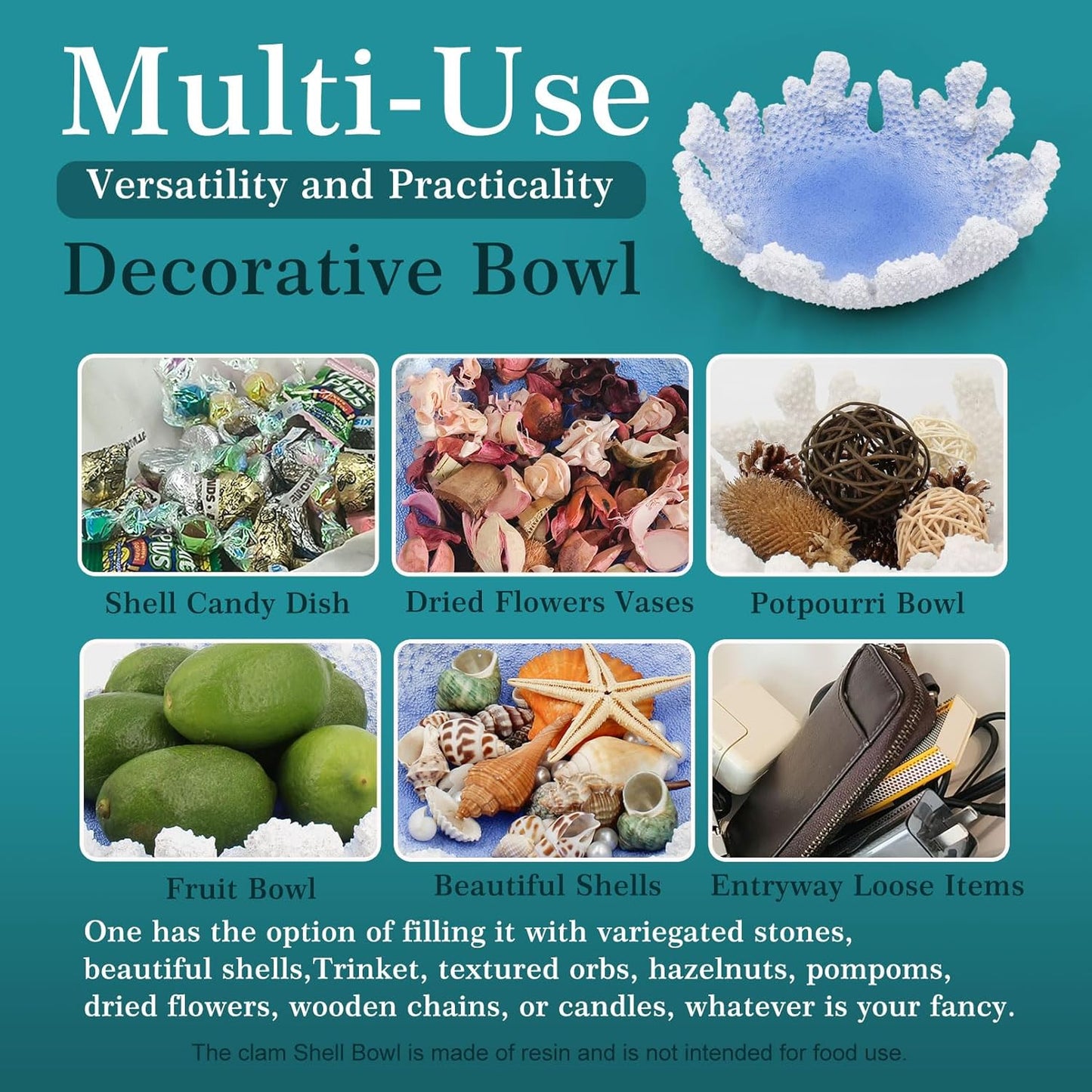 Santorini Blue Coral reef Textured Decorative Bowl,9.45" Medium Resin Decorative Centerpiece Bowl for Coastal Beach theme house table centerpiece decorations & Nautical decorations for coffee table