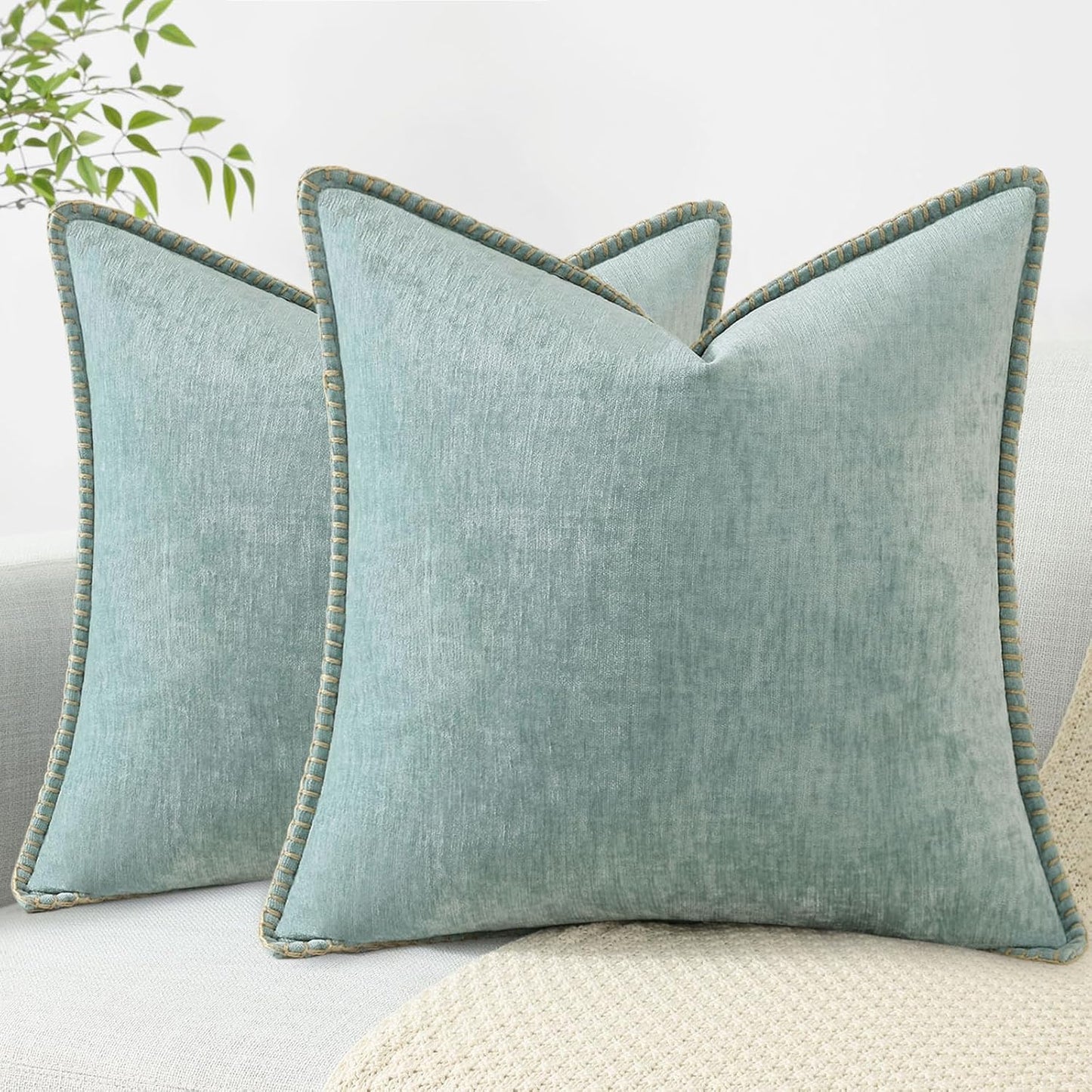 decorUhome Chenille Soft Throw Pillow Covers 22x22 Set of 2, Farmhouse Velvet Neutral Decorative Euro Pillow Covers with Stitched Edge for Couch Sofa Bed Home Decor, Aqua Haze