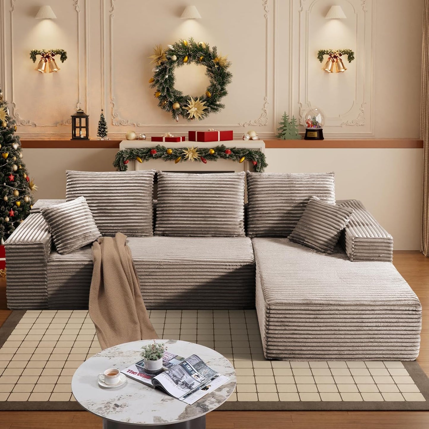 HYJT H&K Modular Sectional Sofa Cloud Couch, 107" Comfy L Shaped Sectional Couches for Living Room, Deep Seat Memory Foam Plush Fluffy Corduroy Boneless Couch Sectionals Right Facing Sofa Chaise Brown